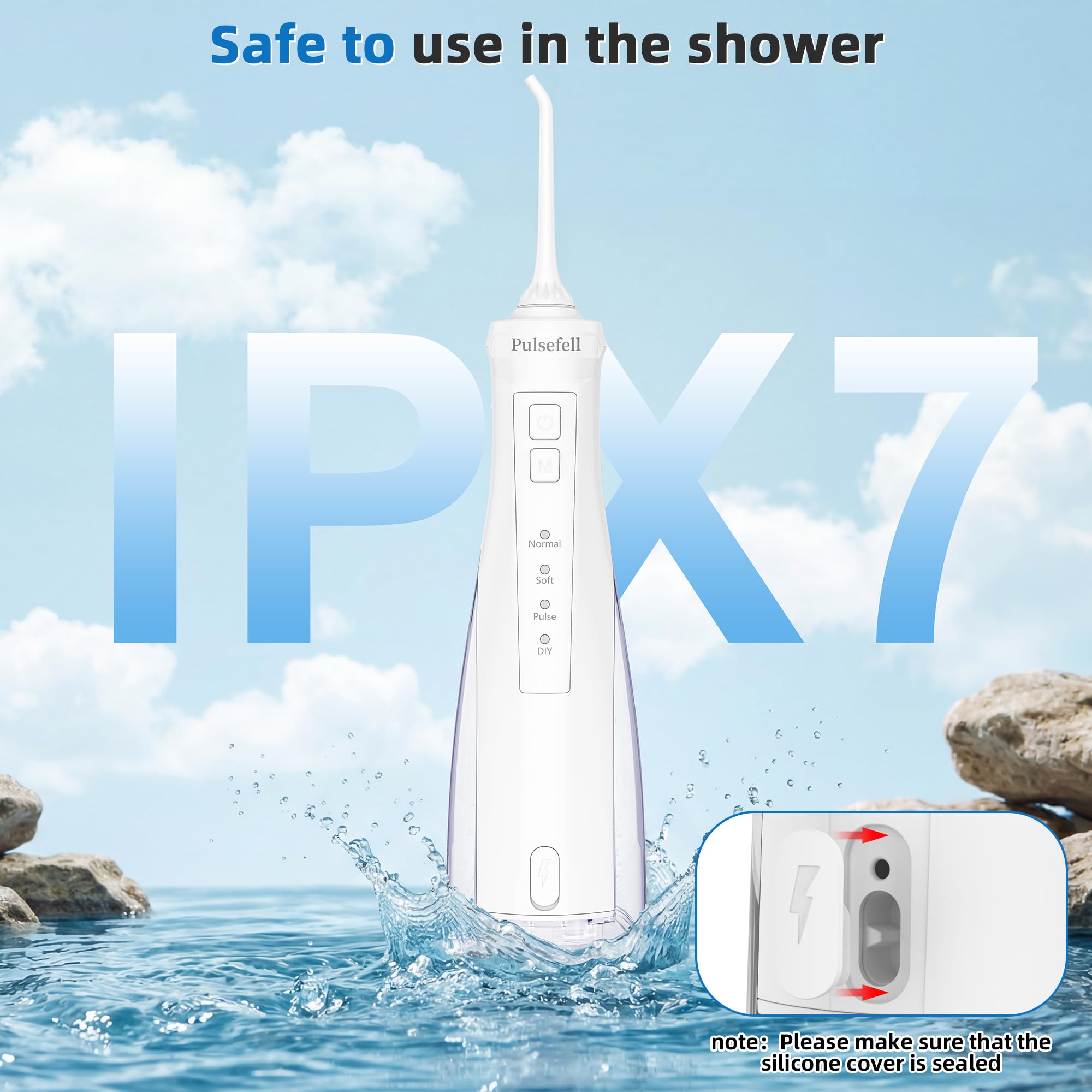 Jet Dentaire Hydropulseur Portable, 300 ML USB Rechargeable Sans Fil Hydropulseur Dentaire avec 4 Embouts et 4 Modes, étanche IPX7 Water Flosser pour Domicile et en Voyage (Blanc)
