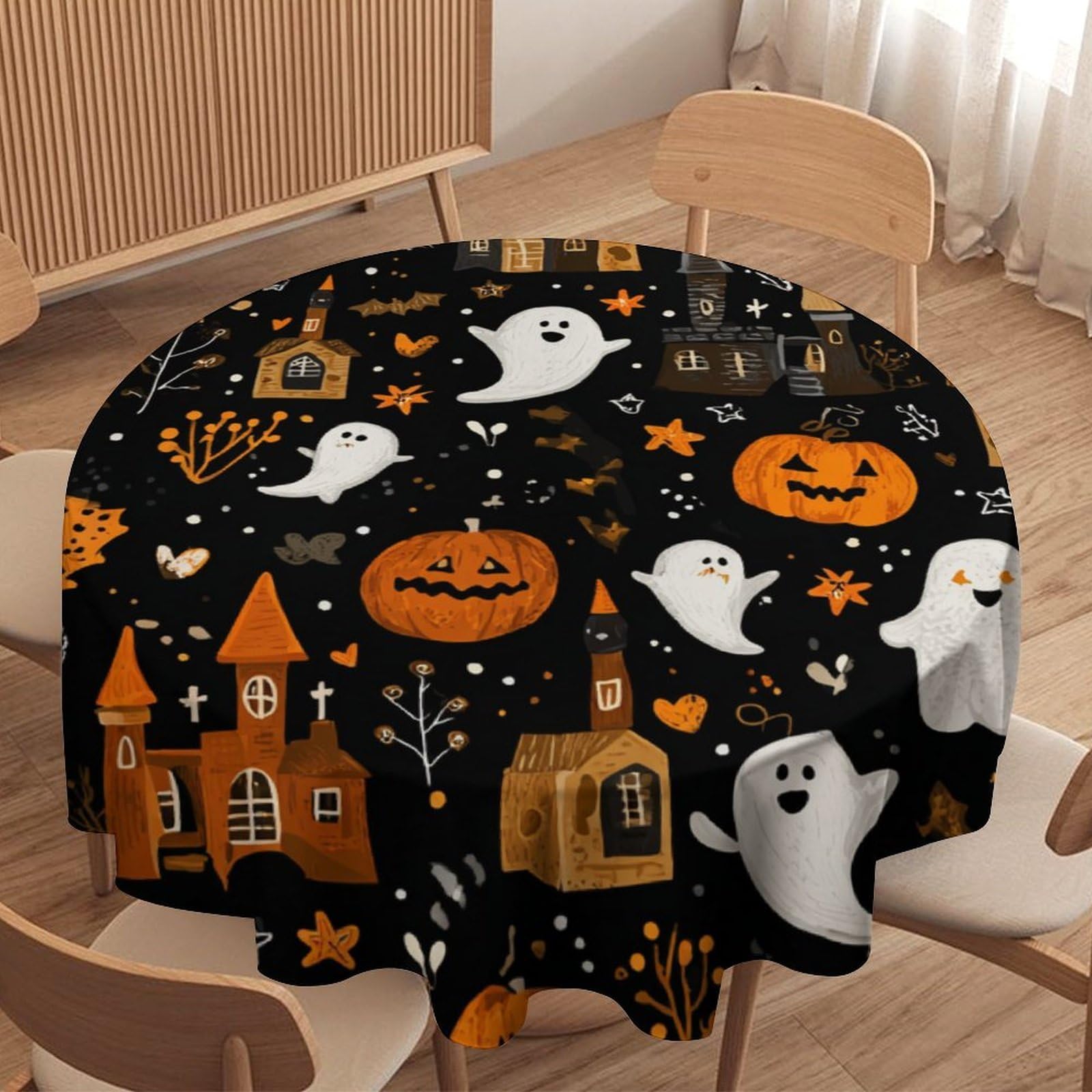 LUYYSKY Funny Classic Cute Ghost Round Tablecloth Cartoon Art Halloween Castle Plant Pumpkin Pattern Washable Decor for Table Cover for Kitchen-177.8" Wx177.8 L cm