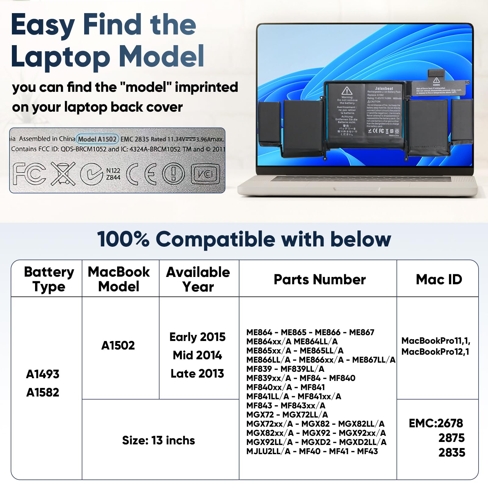 Amazon.com: Jalaxbeat A1502 A1582 Battery Replacement for MacBook