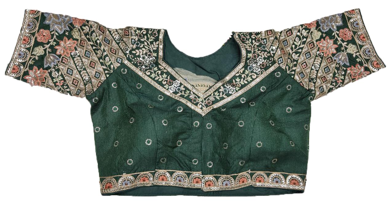 Women's Readymade Ethnic Wear Golden Codding with Multi Embroidery Sequence Work Sweetheart Neck Half Sleeve Readymade Bridal Saree Blouse Readymade Net Cutwork Blouse for Lehenga Choli