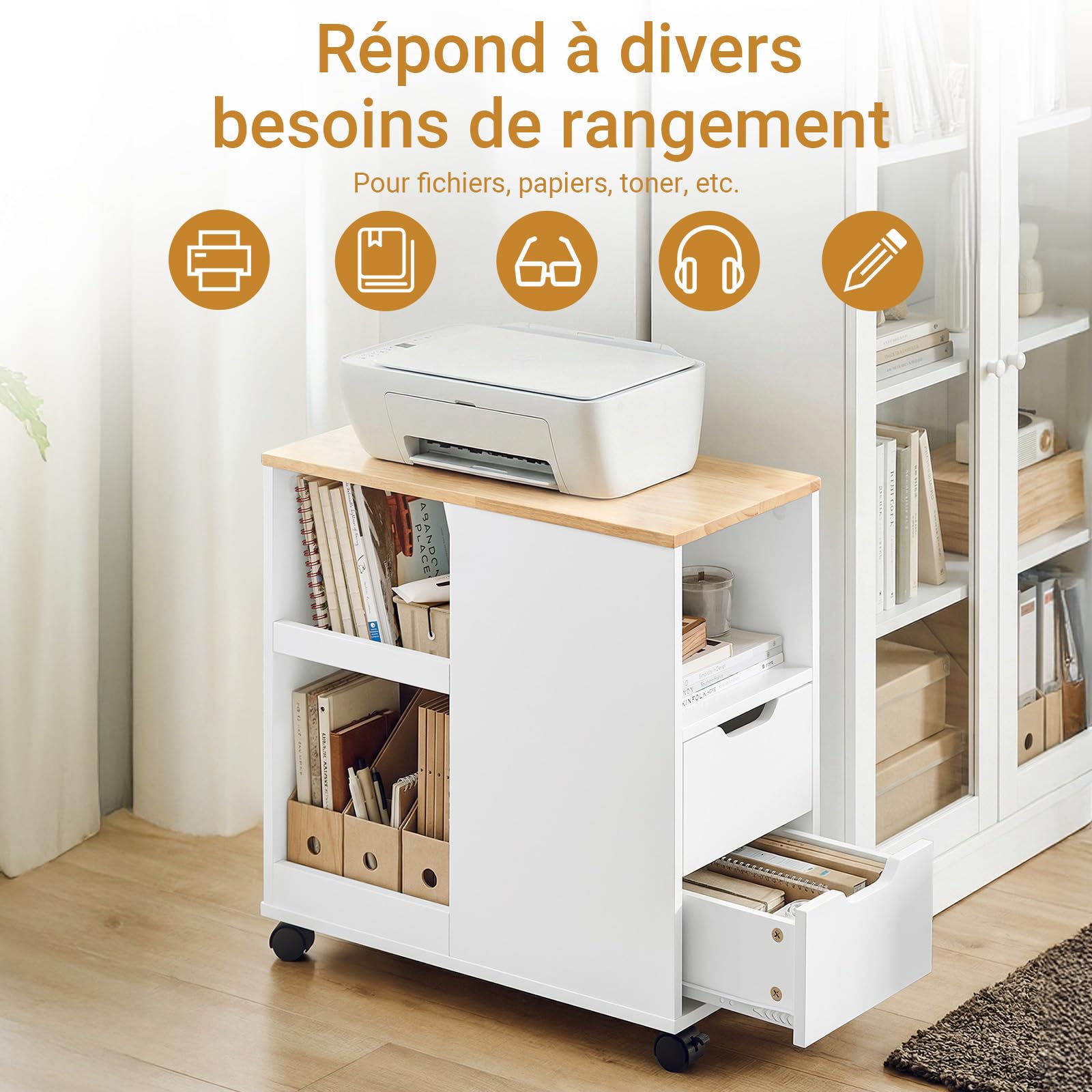 SoBuy Meuble Imprimante Mobile avec roulettes – Support d’Imprimante & Caisson Bureau avec Tiroirs et Rangement, Table d’appoint Bureau L60xP30xH60 cm, FBT130-WN