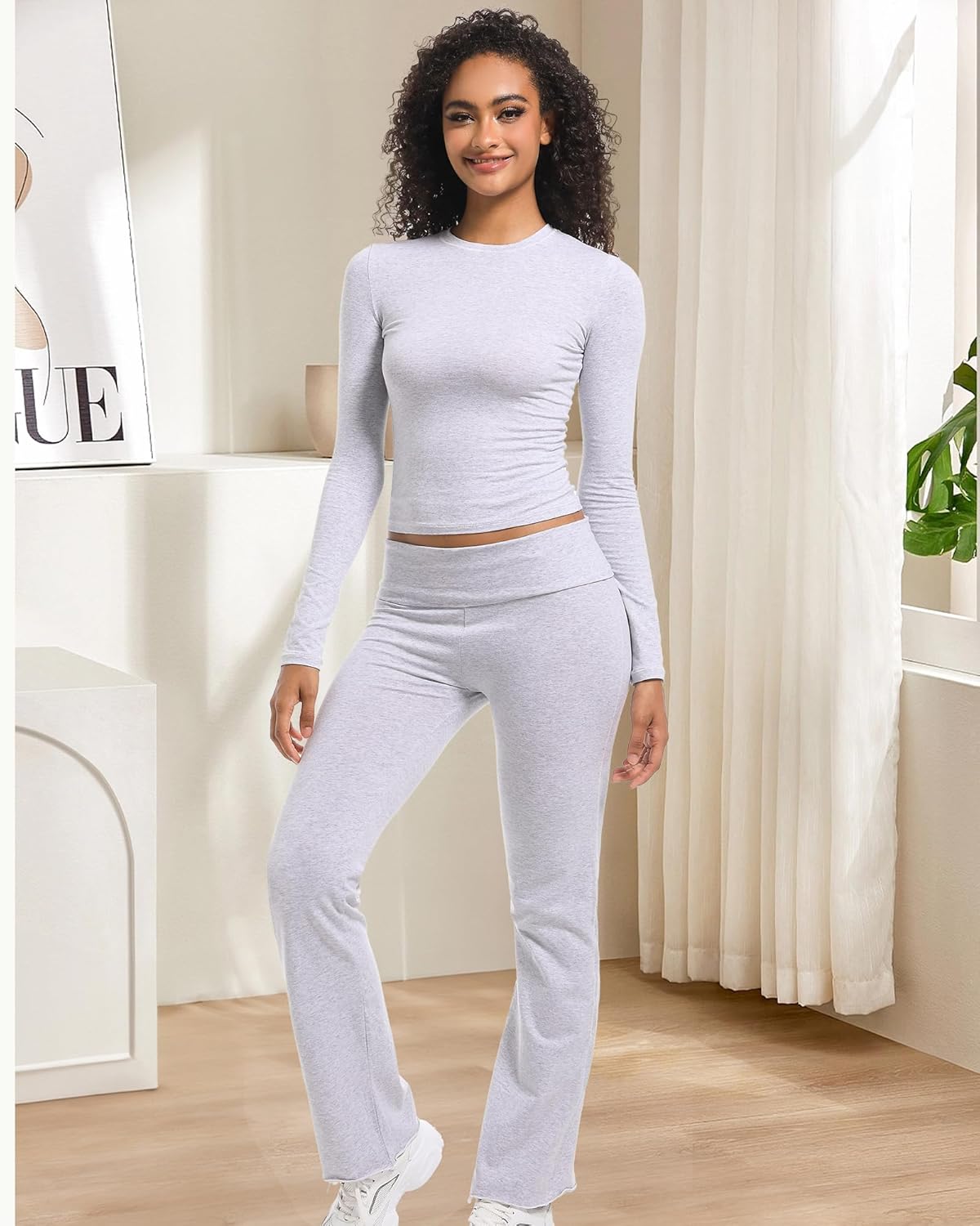 2 Piece Lounge Sets for Women Casual Long Sleeve Crop Top Fold Over Flare Yoga Leggings Pants Outfits Pajamas Set - Image 2