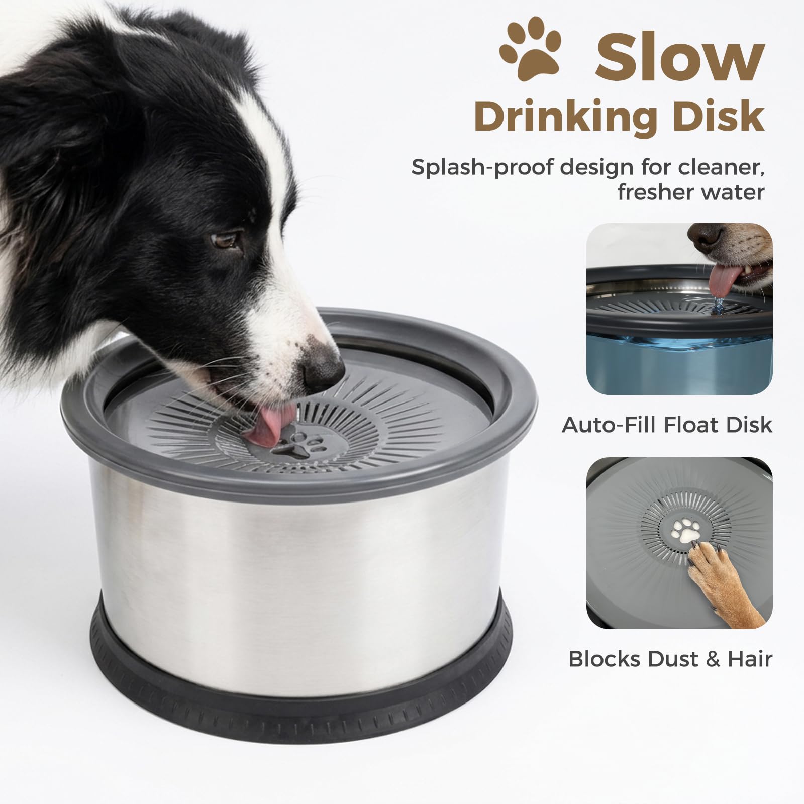 Bostar 6.5L Bebedero Perro Antigoteo Acero Inoxidable con Alfombrilla de Silicona, Cuenco Lenta Antideslizante con Plato Flotante Sellado Integrado/Filtro de Repuesto para Perro Mediano a Grande