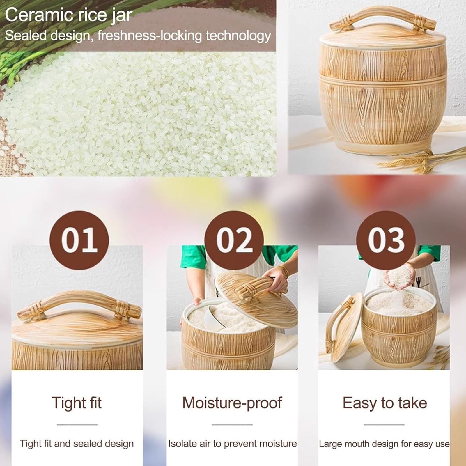 Bote de arroz cerámico con tapa y taza medidora， organizador despensa familiar grande- para alimentos secos, granos, cereales, harina, azúcar, pasta, café, frutos secos(22lb/10kg)