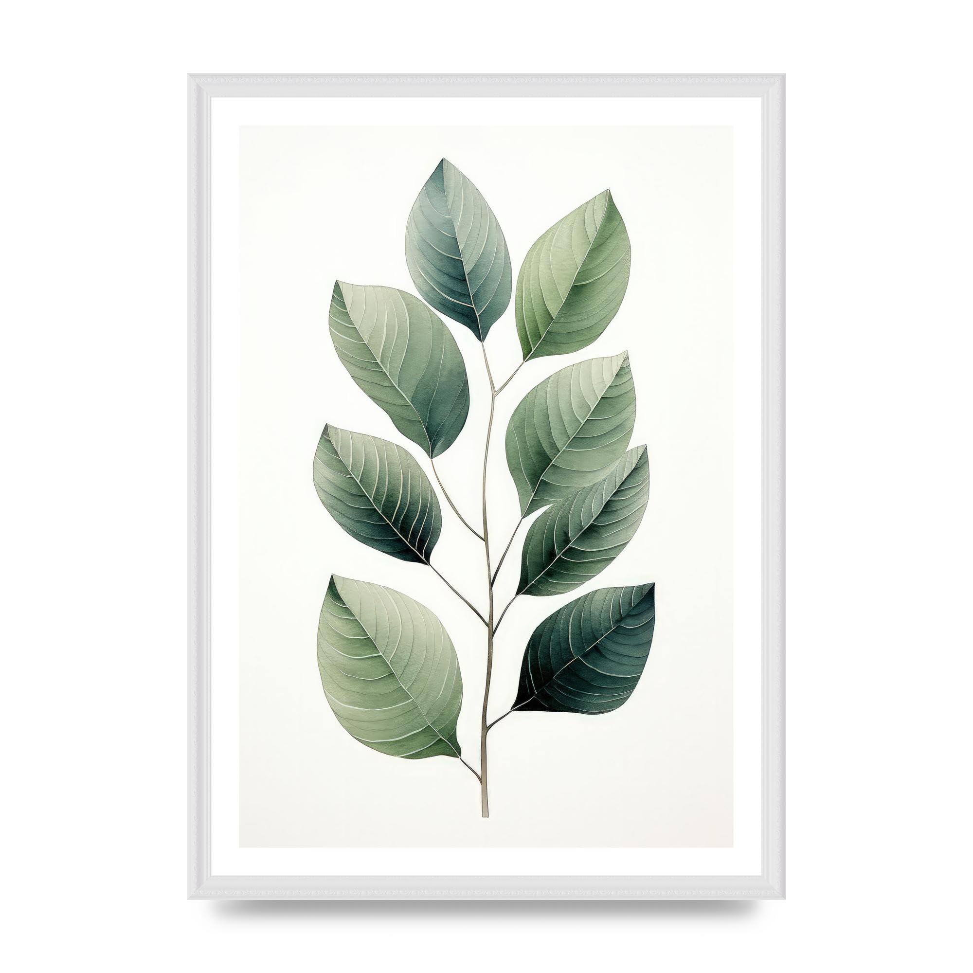 Lithobee - Botanical illustration of green leaves Home Wall Art Prints in Sizes A2, A3 & A4 Framed in a Stylish Quality Coloured Frame or Unframed - A2 White Ornate Frame