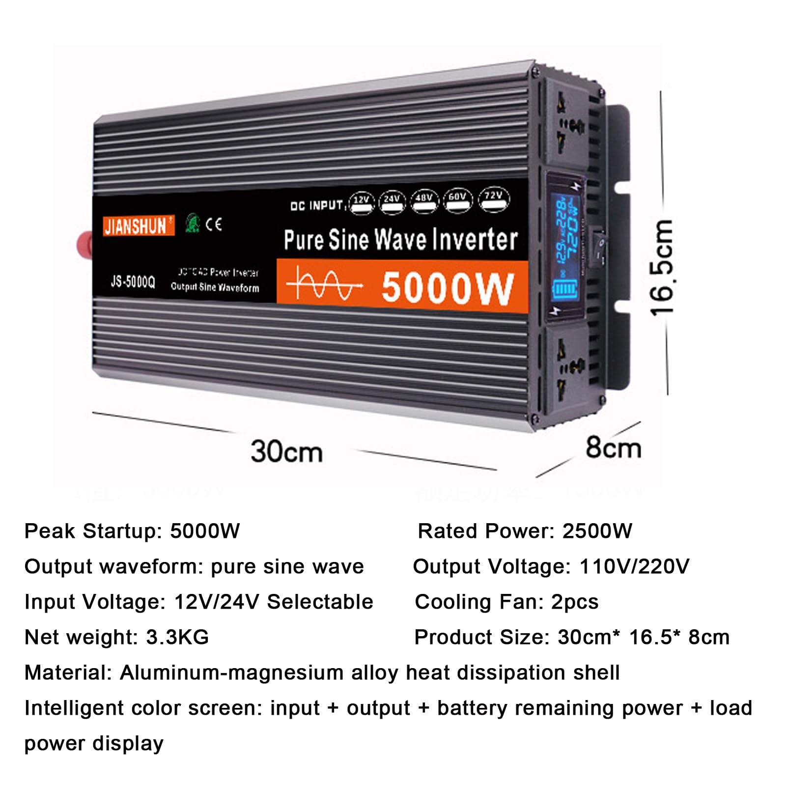 3000W 4000W 5000W 6000W Przetwornica prądu DC 12V 24V na 220V AC z gniazdami ładowarki AC, samochodowe przetwornice energii słonecznej z wyświetlaczem LCD,5000W-12V