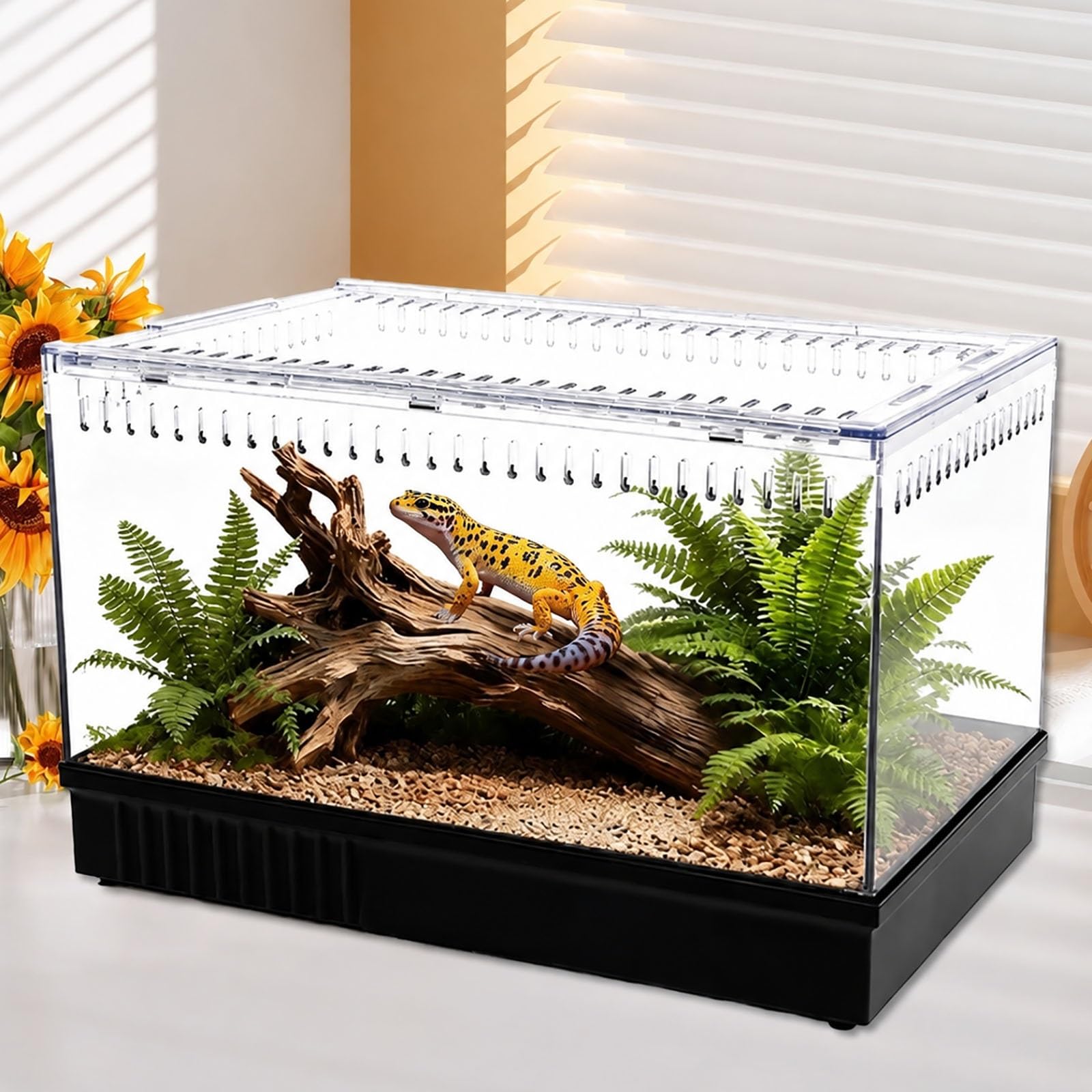 Terrario de Reptiles con Termostato Inteligente, Vivario de Doble Zona con Calefacción y Enfriamiento, Hábitat Transparente de Vista Completa, Temperatura Ajustable 15℃-55℃ para Gecko Leopardo(Black)