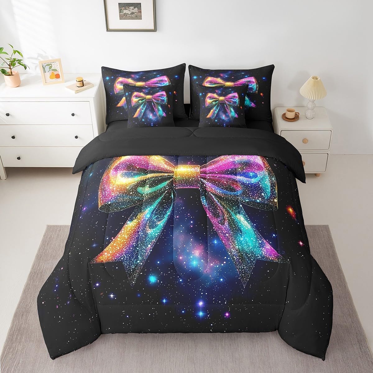 Feelyou Kids Bowknot Bed in A Bag Twin Size, Cute Bow Comforter Set with Sheets Galaxy 7 Pieces Bedding Set Boys Girls Glitter Luxury Teens Bed Set Bedroom Decor 7Pcs