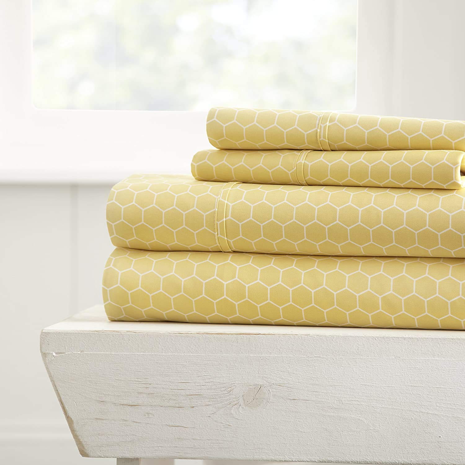 Linen Market Pattern 4PC Sheet Set, Queen, Honeycomb Yellow