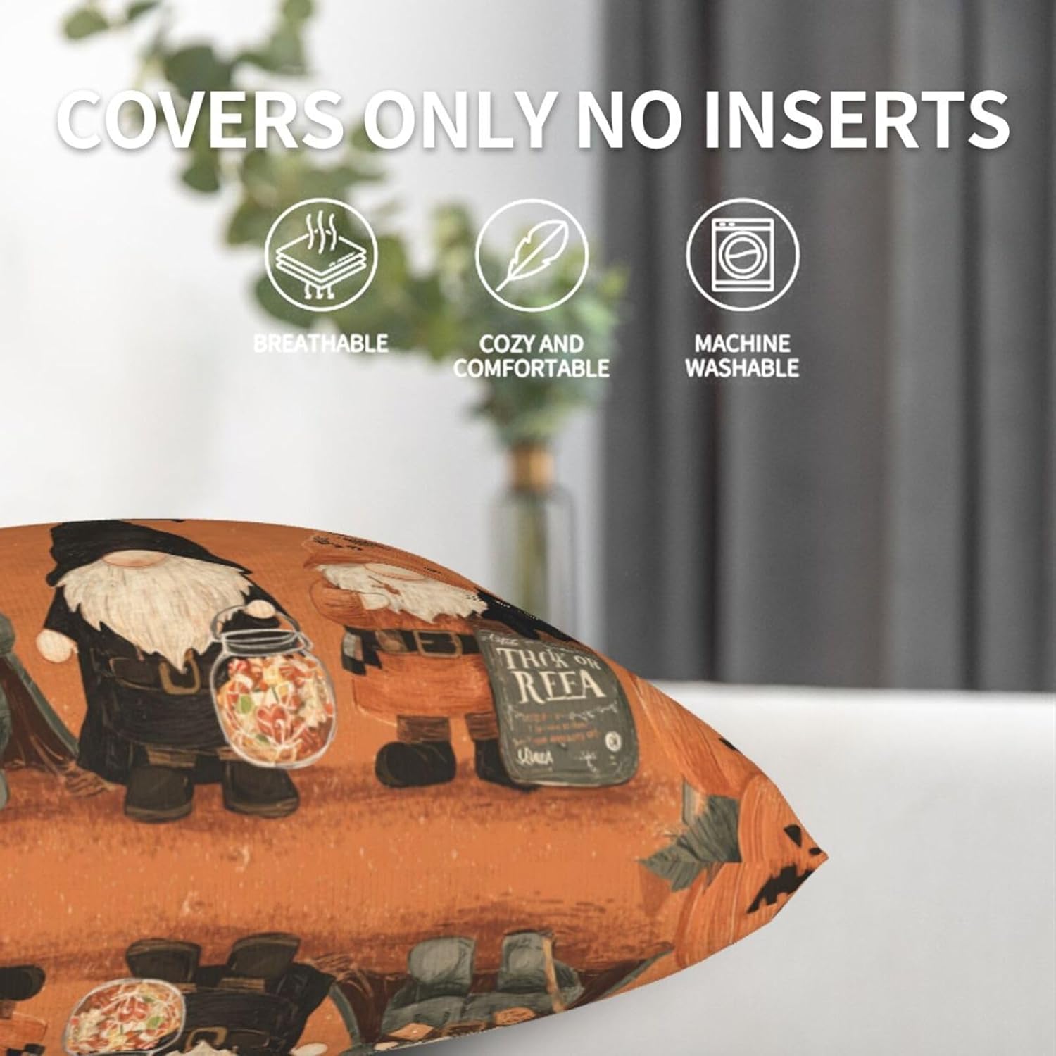 Pillow Covers Gnomes Halloween Pumpkin 2 Set Pillowcases Square Cushion Cover Throw Pillows Case Decorative for Sofa Couch Home Bedroom Chair Car Indoor Outdoor 18x18 Inches