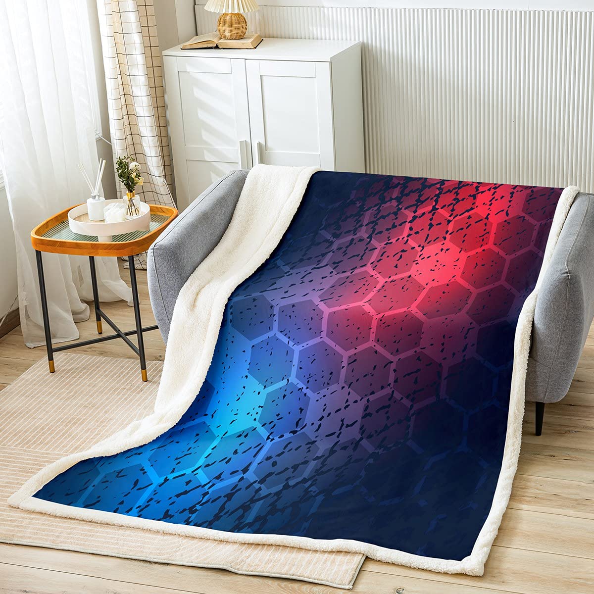 Loussiesd Coperta a nido d'ape Sherpa con esagoni in peluche per bambini e adulti, motivo esagonale al neon, coperta astratta geometrica sfocata per divano letto, camera king size 200 x 200 cm