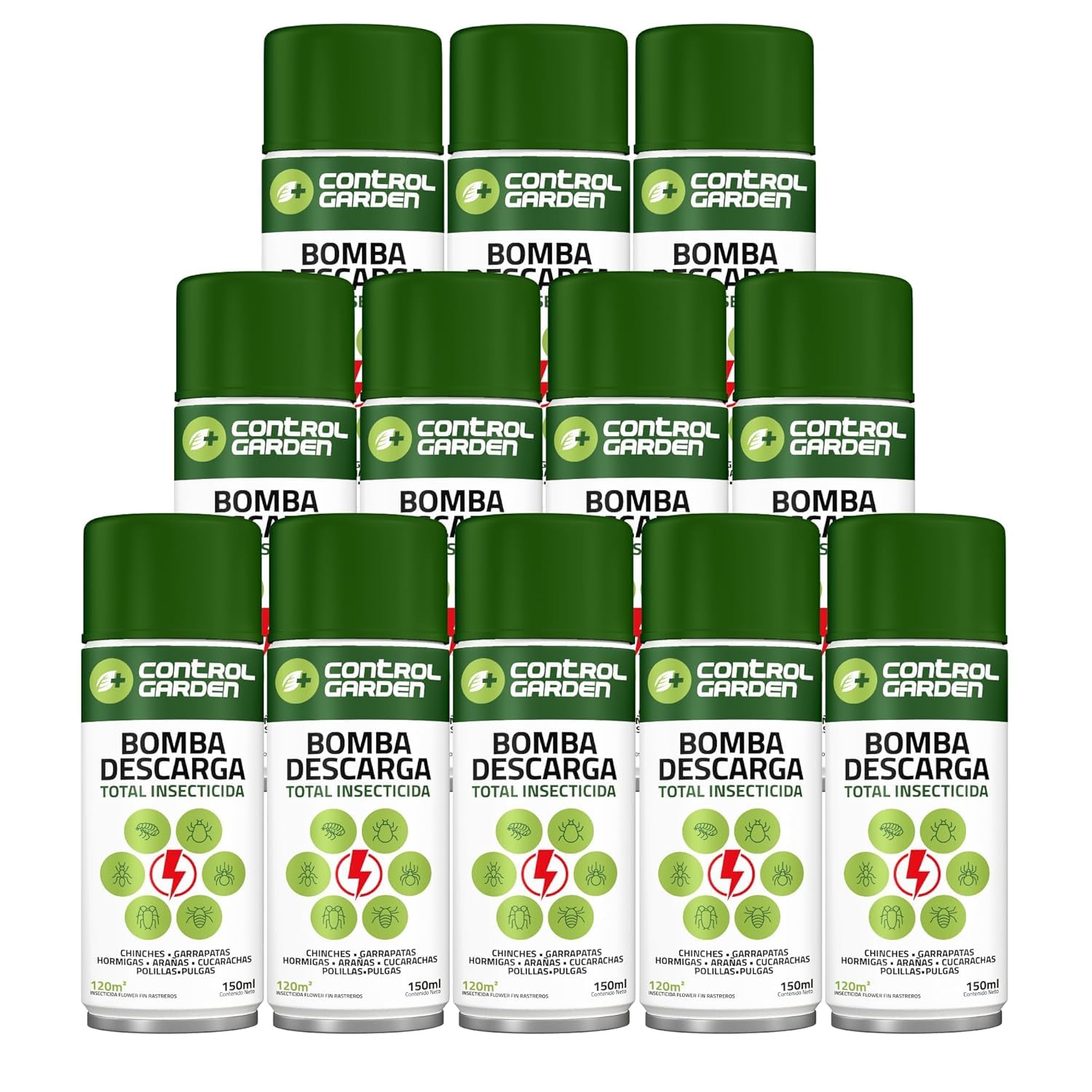 CONTROL GARDEN Pack 12 Insecticida Descarga Total 150 ML Interior y Exterior | Repelente Anti Insectos: Chinches, Ácaros, Hormigas, Arañas... | Fungicida Larvicida Ovicida Bomba de Humo Espacio 120 m2