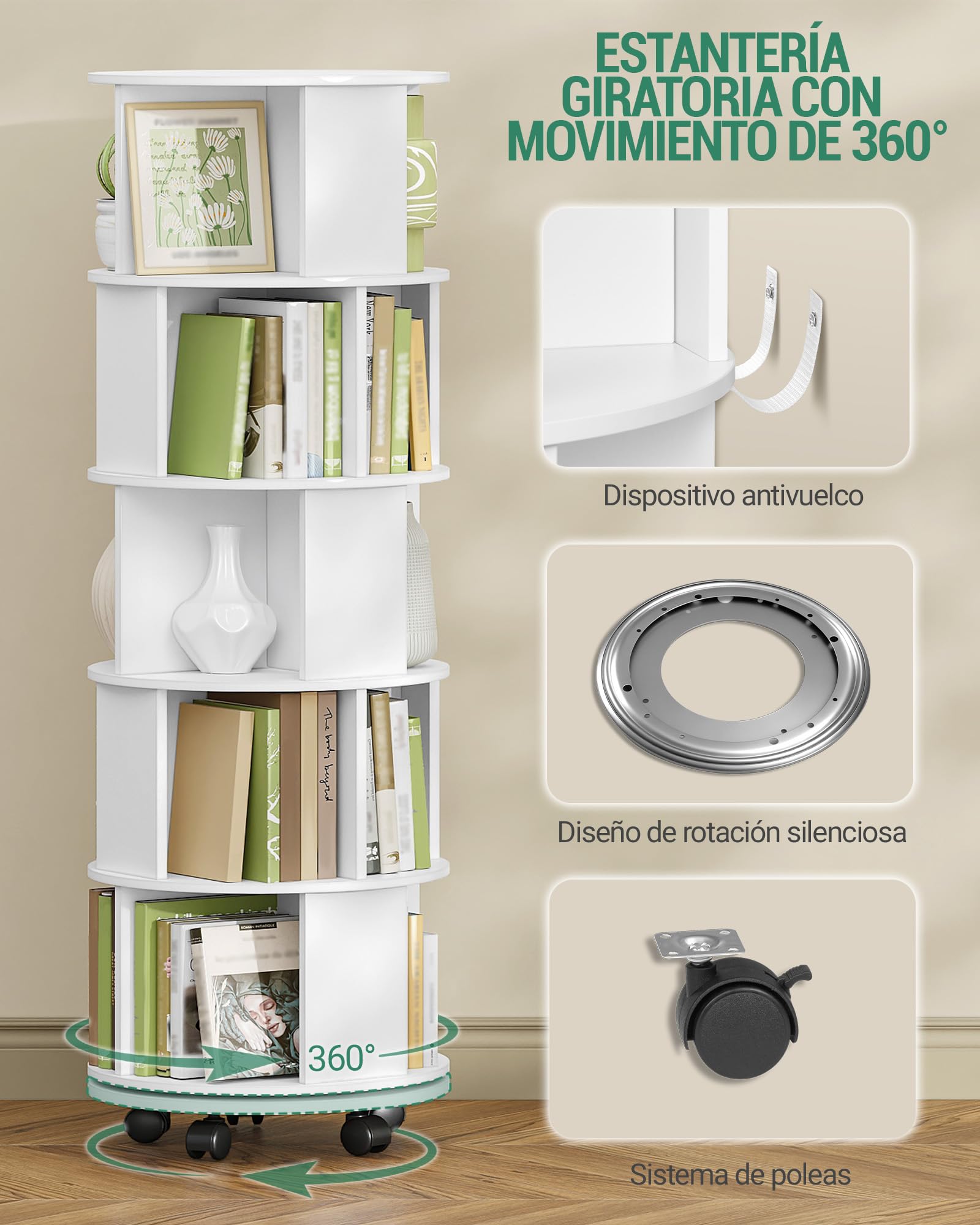 Hzuaneri Libreria Estantería Giratoria 360°, Librero Vertical de 5 Niveles, Estante para Libros con Ruedas Fijas, para Salón, Estudio y Oficina, 45 x 45 x 161,5 cm, Blanco BC54003X | Estantería de almacenamiento de 5 niveles, estantería moderna con ruedas