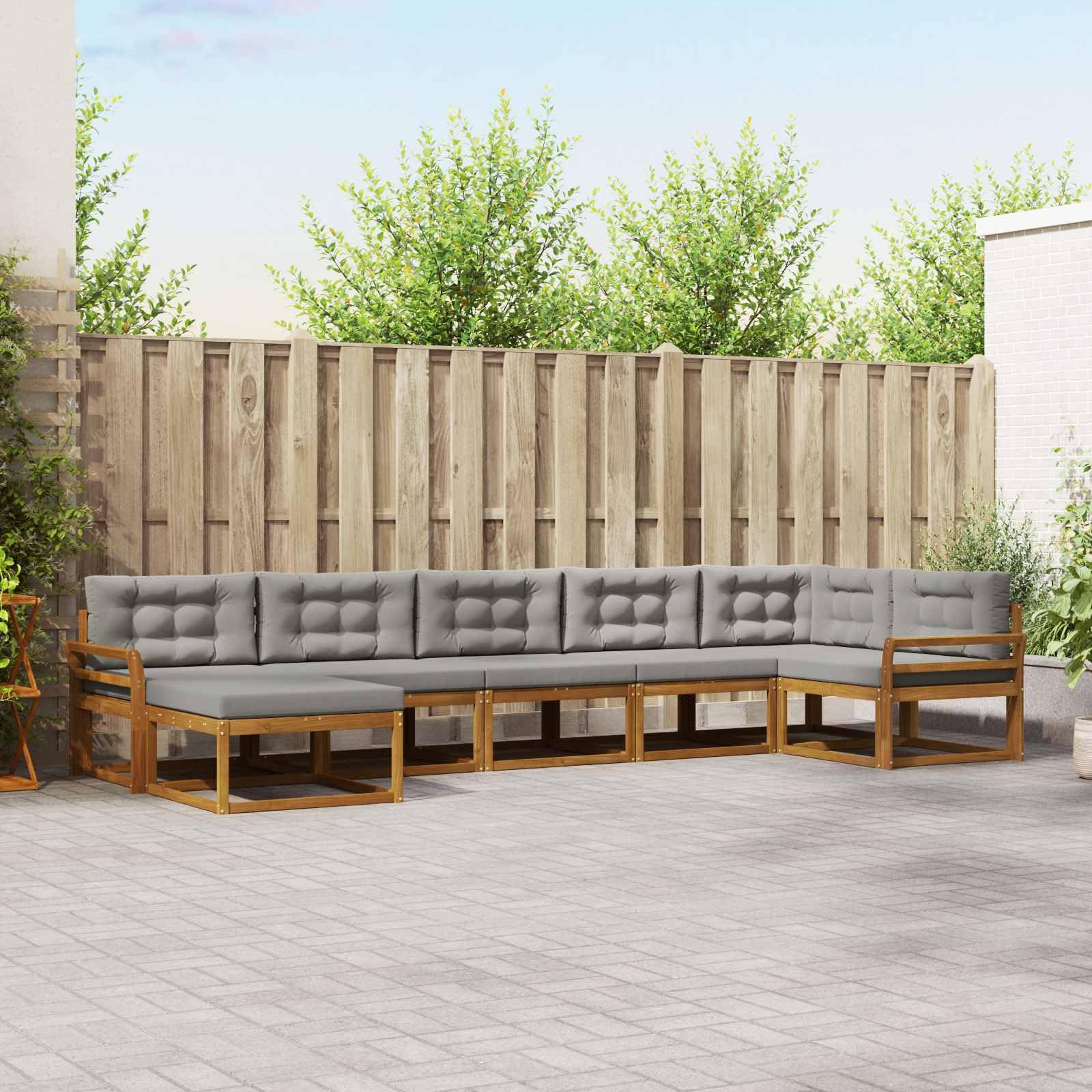 Outdoor-Sofagarnitur mit Kissen 7-teilig, Akazienholz massiv, hellgrau, Sitzgruppe für Garten Terrasse, modulares Design