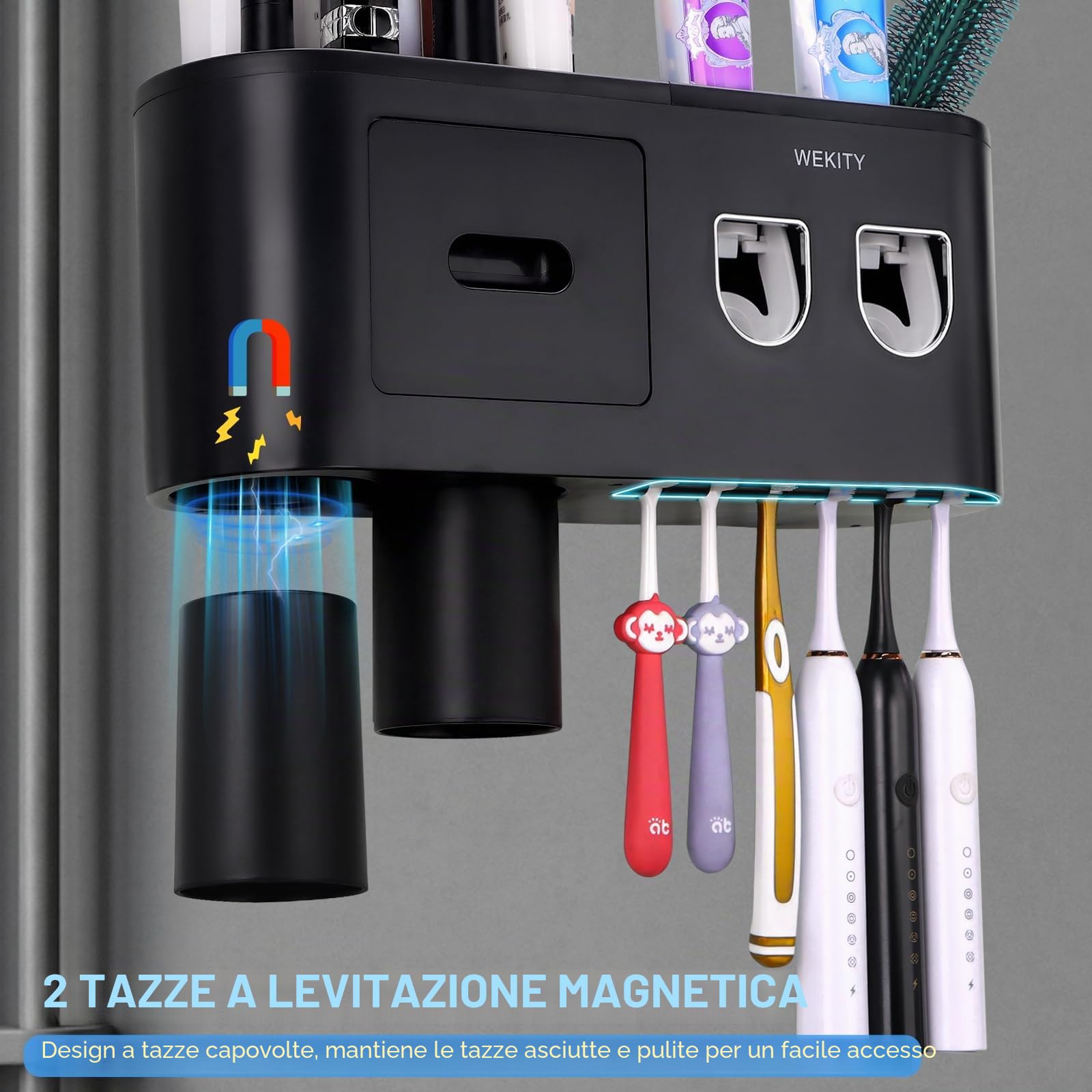 Portaspazzolino da parete multifunzione, dispenser automatico di dentifricio, salvaspazio, con 2 tazze e cassetti, organizer per cosmetici (nero 2 dispenser)