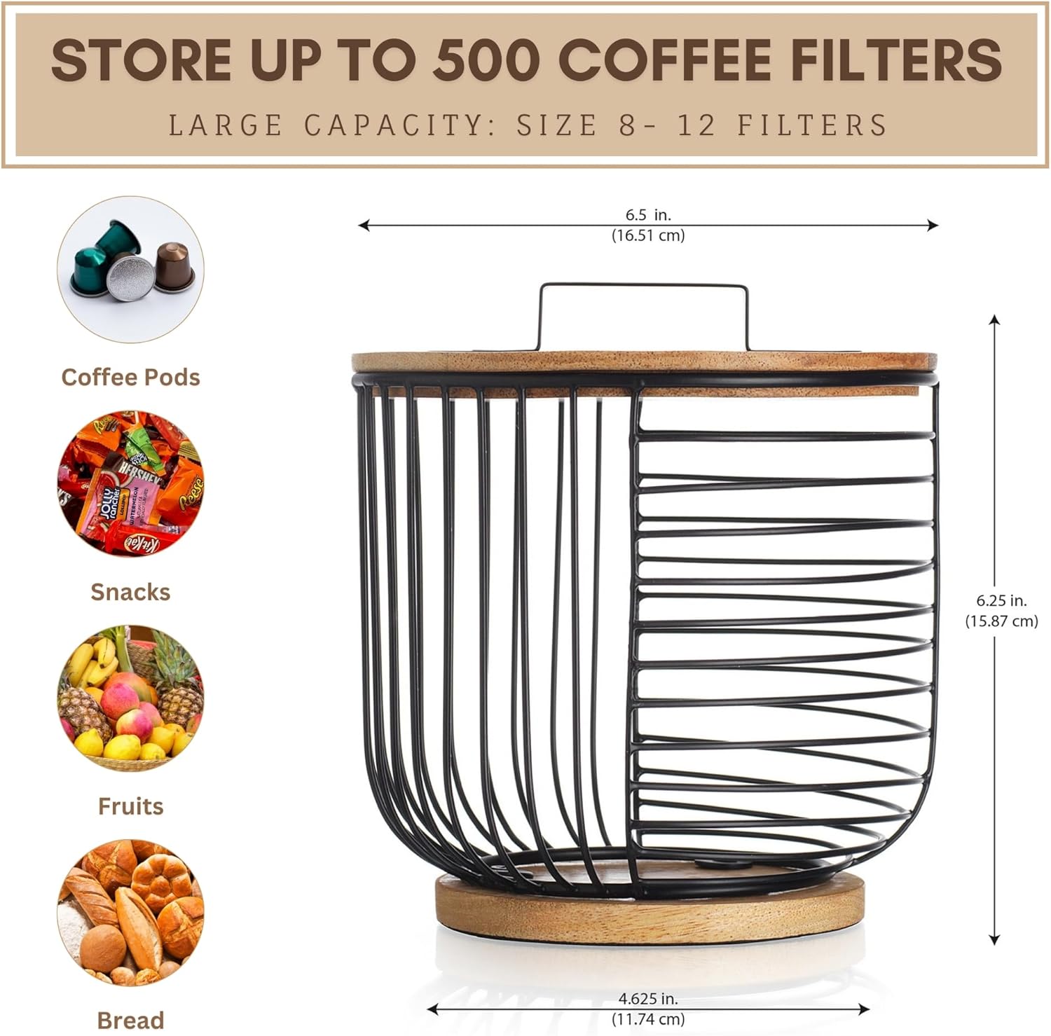 MosJos Coffee Filter Holder for Counter with Wooden Lid - Round Black Wire Coffee Pod Storage Container Basket for Kitchen Countertop Organization - Coffee Bar Accessories