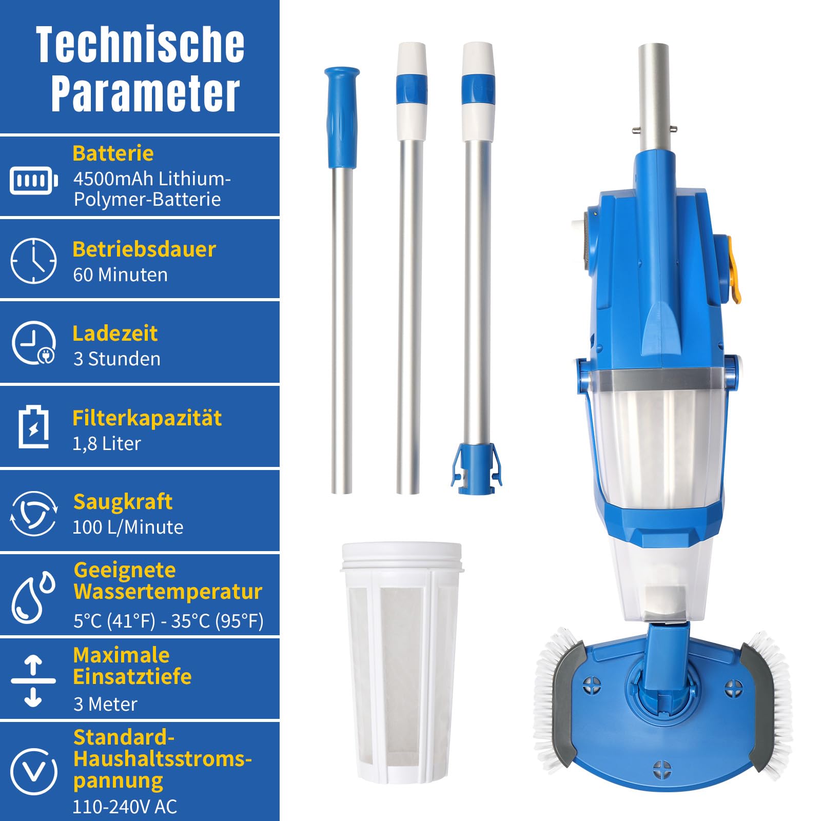 LEADZM Poolsauger Akku, Handsauger, Bodensauger mit 4500mAh & 100L/Min Saugkraft | Kabelloser Poolreiniger inkl. Teleskopstange (1.5m) & Filter | Bis zu 60 Min Laufzeit, 190×23.7×17cm(Blau)