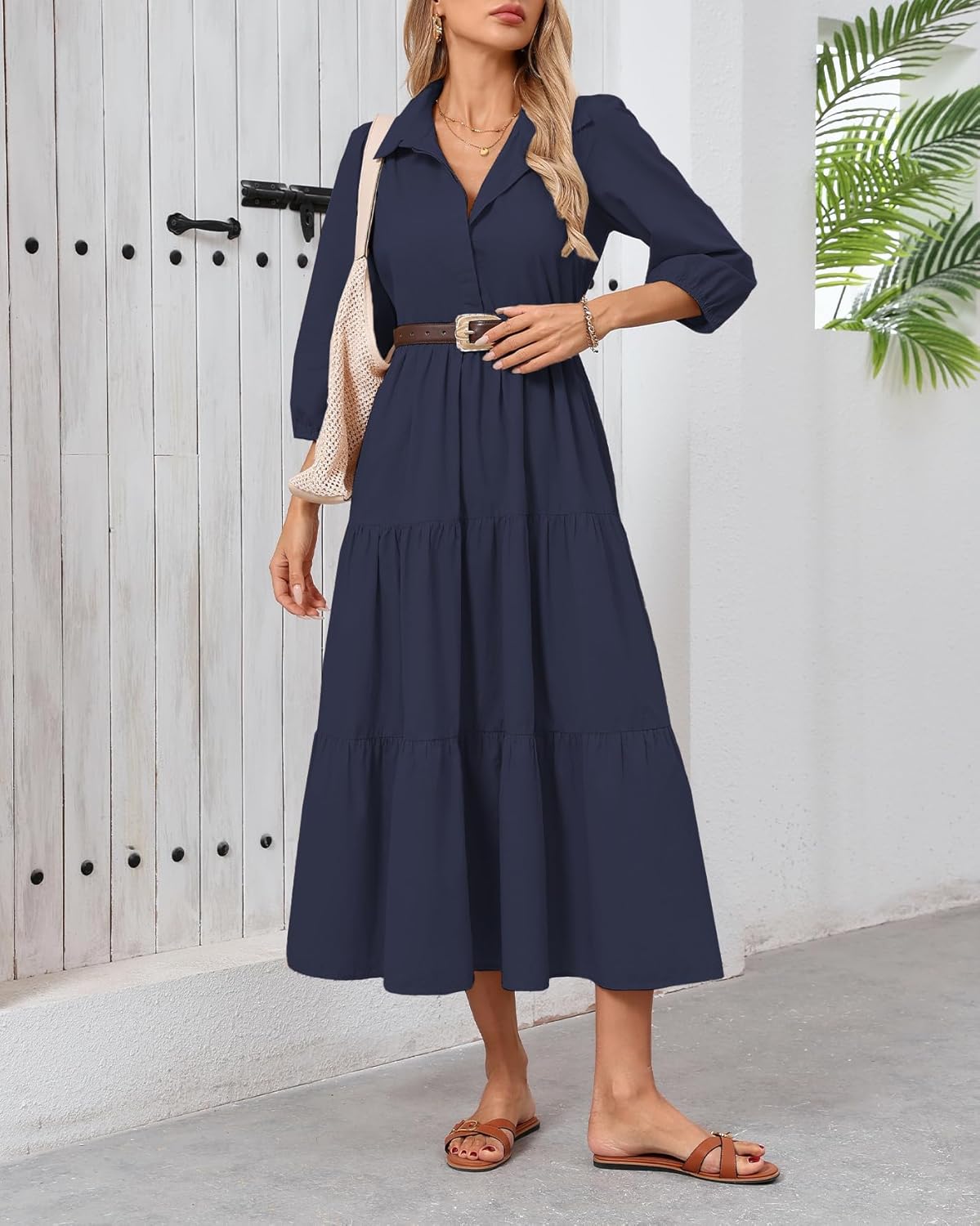 Women Button Down Maxi Shirt Dress Long Sleeve Flowy Tiered Collared Dresses with Pockets - Image 6