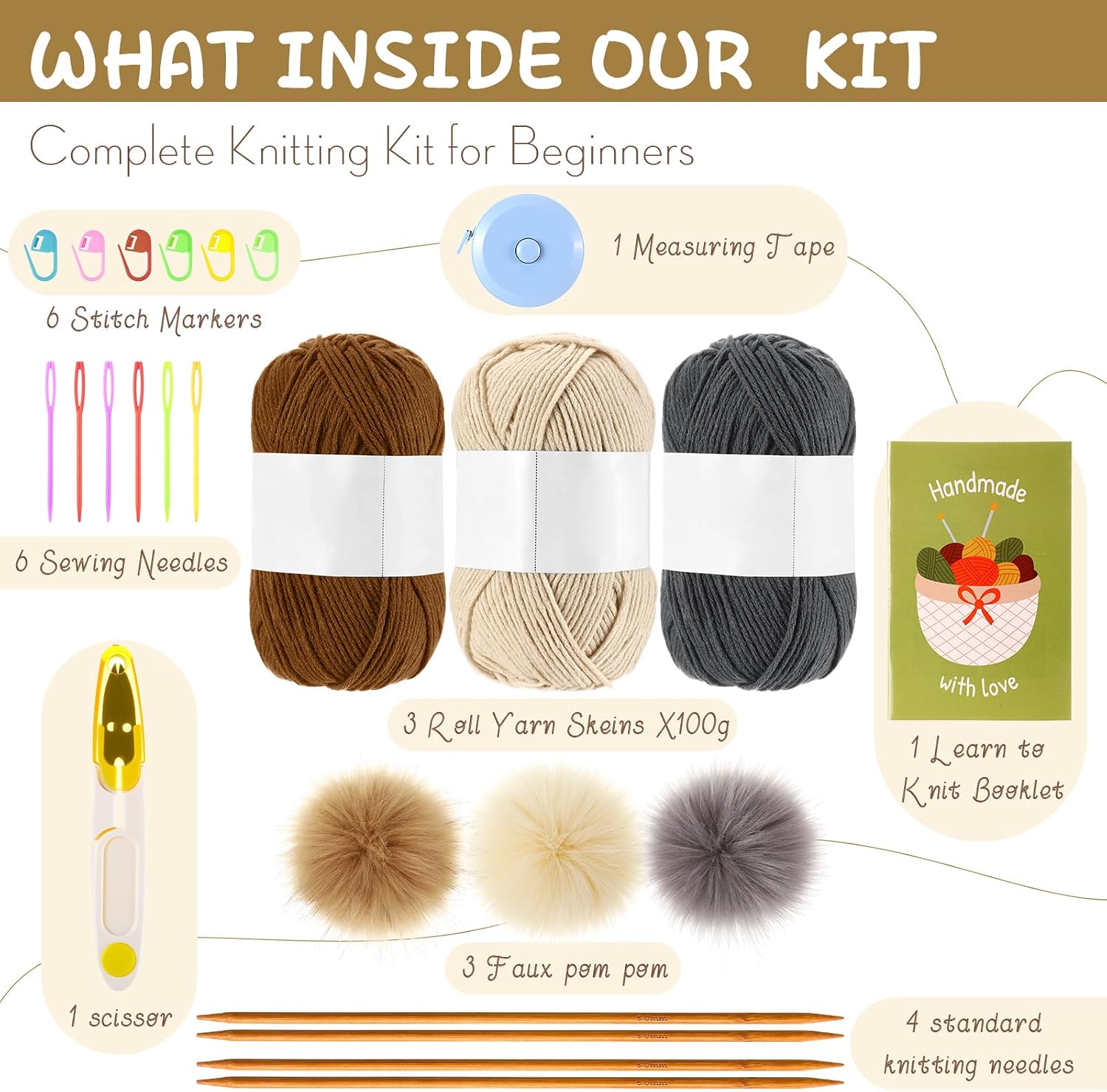 Maasechs Knitting Kit for Beginners Adults Complete Hat Knitting Kits Learn to Knit Kits with Yarn Bamboo Needle Pom Pom Step-by-Step Instruction Knit Accessories for Mother Women Men Gifts(Dark)