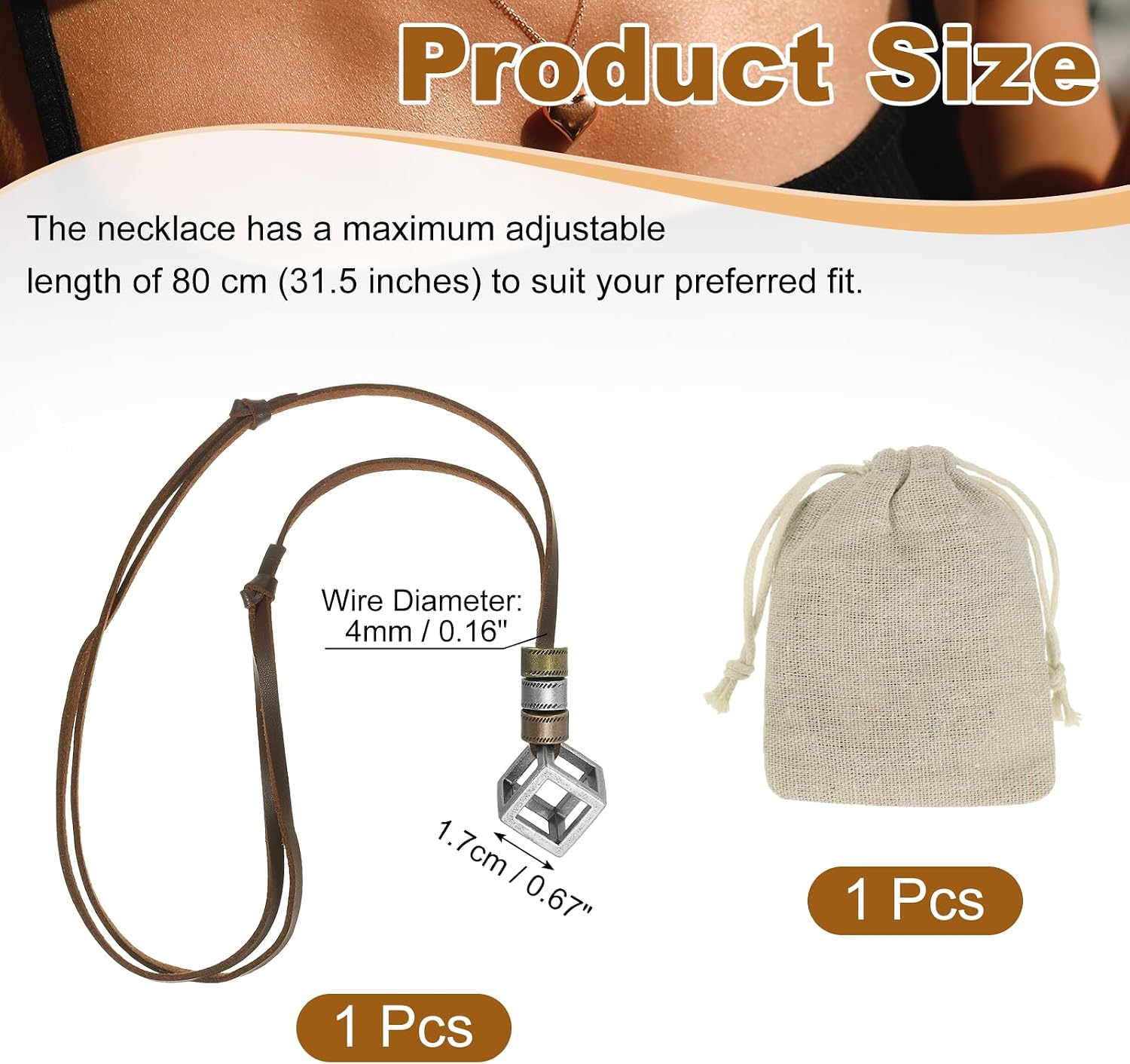 MECCANIXITY Boho Necklaces, Cube Leather Rope Pendant Vintage Jewelry Long Sweater Necklace Adjustable with Linen Pouch for Women