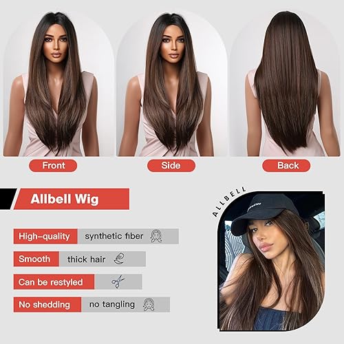 Miniatura 4 de Allbell Pelucas marrones para mujer, peluca de cabello natural largo y liso en capas con raíces marrón oscuro, parte media, peluca sintética