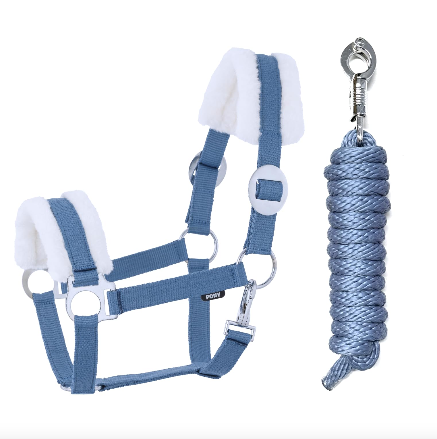 Licol en fourrure synthétique - Avec crochet de panique réglable - Licol de cheval en bois - Corde de fixation (fourrure synthétique, crochet de panique, bleu, cob)