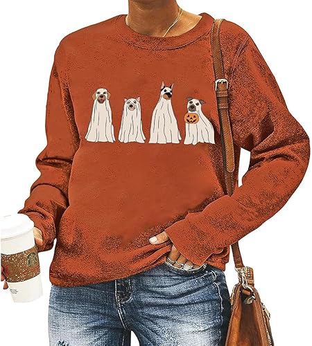 MYCHTE Sudadera de Halloween con diseño de perro fantasma para mujer, camiseta de regalo casual de manga larga, camiseta de otoño para vacaciones