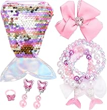 Jewellery for Little Girls, Jewellery Set Child Mermaid Purse with Mermaid Tail Sequins Shoulder Bag, Bracelet, Ring, Earrings, Hair Clips Set for Girls Pink