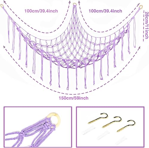 Miniatura 2 de Hamaca esquinera de animales de peluche, hamaca grande tejida a mano con anillos de madera, almacenamiento de animales bohemios para guardería y