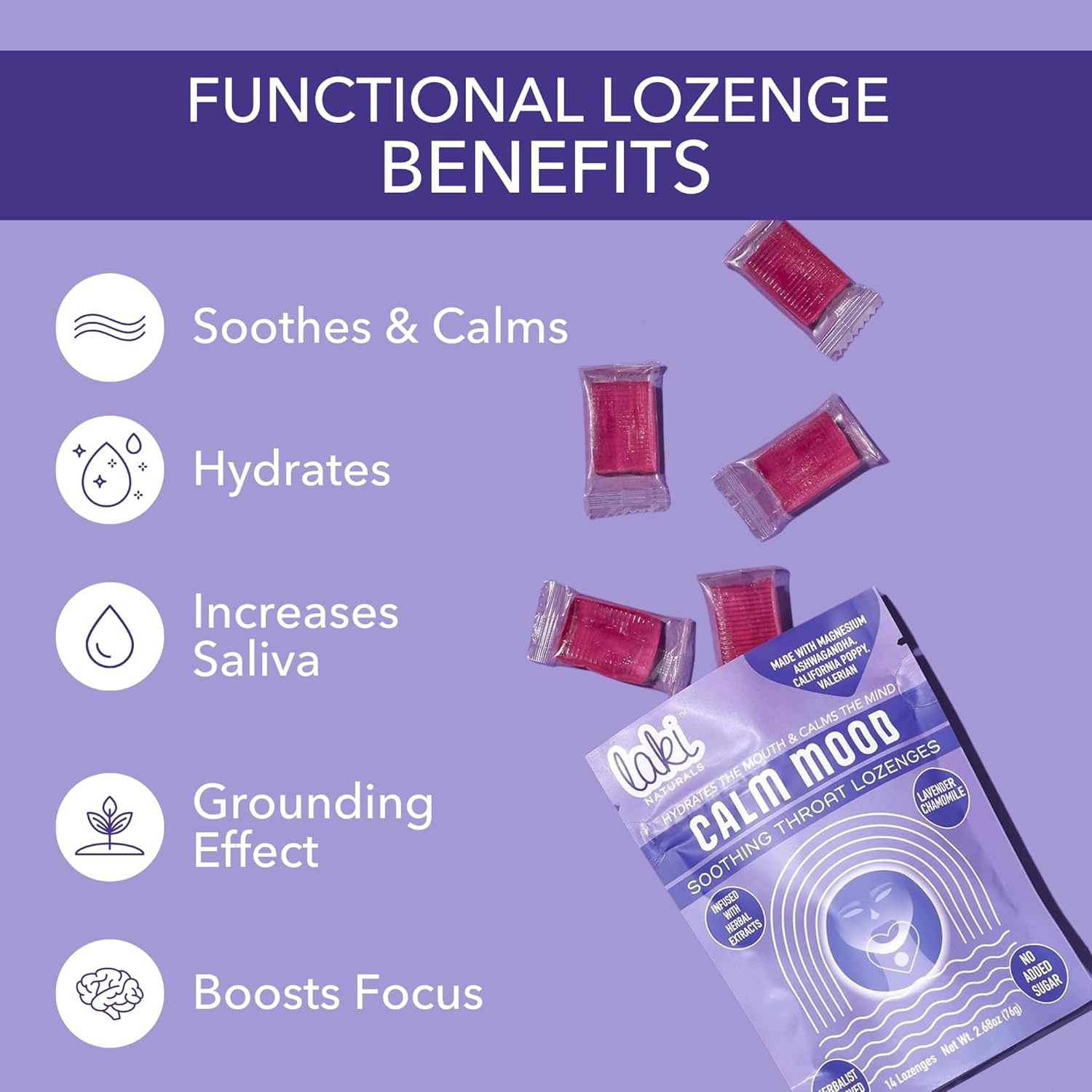 Laki Naturals Lavender Chamomile Calm Mood Functional Herbal Lozenges (14ct) Throat & Calming Hard Candies with Magnesium, Ashwagandha, California Poppy & Valerian. Vegan, Sugar Free, Gluten Free 14 Lozenges Calm Mood image 3 of 7 B0BGZMD75V