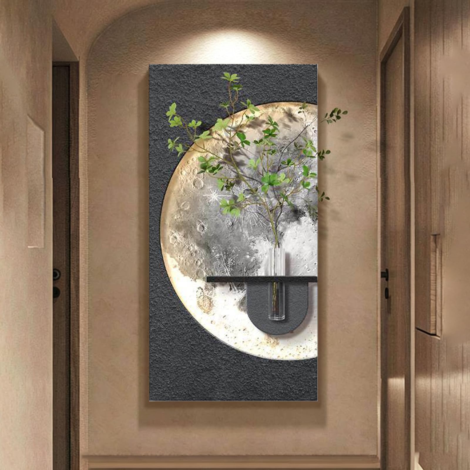 Sandstone LED Wall Art Decor with Built-in Vase Shelf - Moon Wall Decor with Ambient Light, Textured Wall Hanging for Living Room Bedroom Hallway, Entryway, Home Deco Style-D 23.6×47.2 in（60×120 cm ）