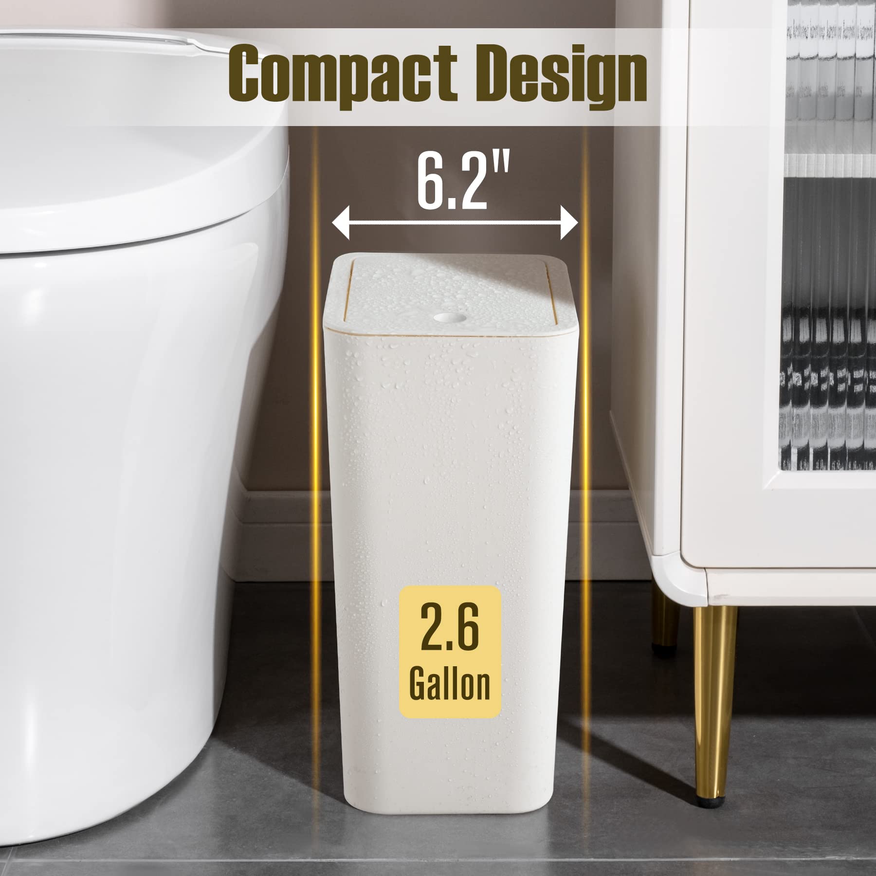 TrashAid 3 Pack Bathroom Trash Can with Lid, 2.6 Gallon / 10 Liter Small Garbage Can with Press Top Lid, Plastic Wastebasket with Pop-up Lid for Toilet, Office, Bedroom, Living Room, White