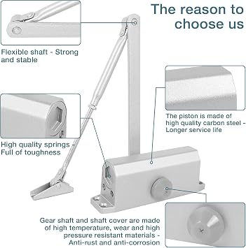 DIDA Hydraulic Door Closer, Size 3 Spring Adjustable Speed for Doors 45-60kg, 3 Mounting Types for Residential and Commercial Use, 500K Cycle, Aluminium (Silver)