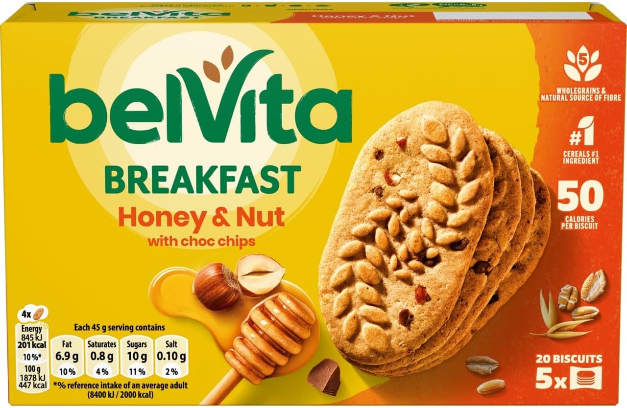 Belvita Honey & Nut with Chocolate Chips Cereal Snack Bars with 5 Wholegrains, Multipack 225 g (5 x 45 g)