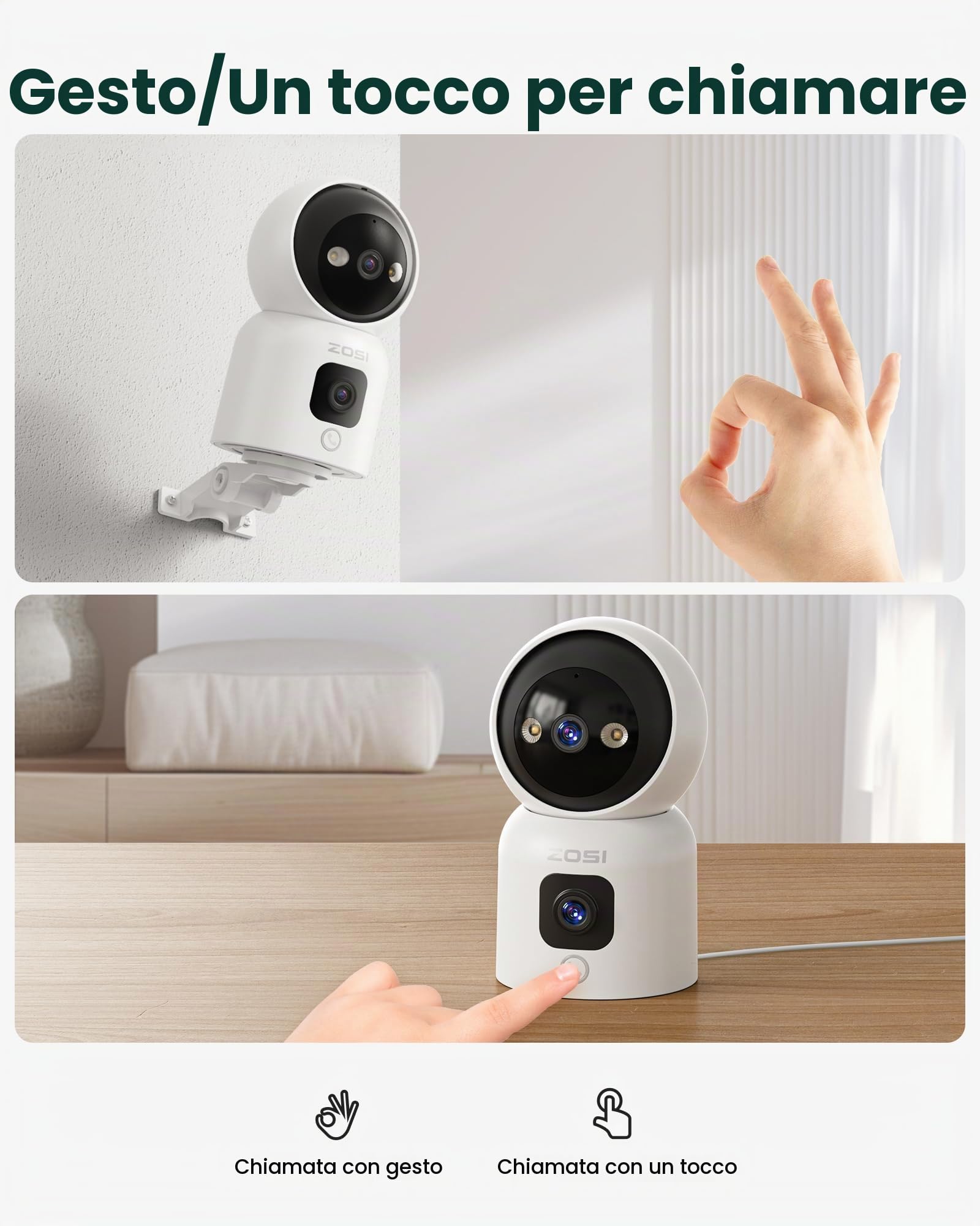 ZOSI Telecamera WiFi Interno con Doppia Lente 3MP+3MP, PTZ 360°Tracciamento Automatico, Rilevamento Umano e Audio Bidirezionale, Visione Notturna a Colori, WiFi 2.4G/5G, Funziona con Alexa, C528