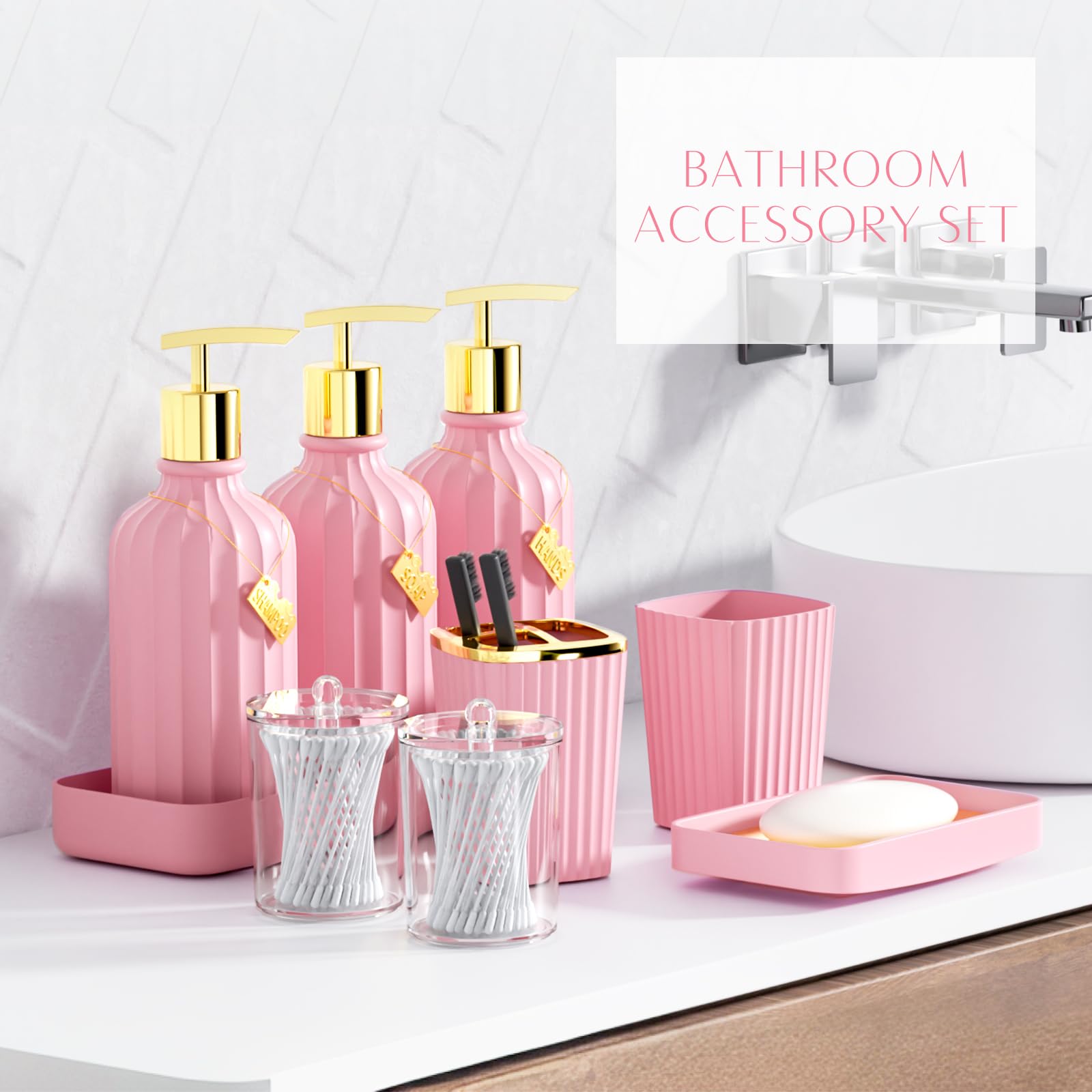 WSBArt 21PC Bathroom Sets with Shower Curtain and Rugs-Pink Bathroom Accessories,Non Slip Bathroom Rugs Set with Toilet Lid Cover, Waterproof Shower Curtain, 3PC Soap Dispenser with Trash Can