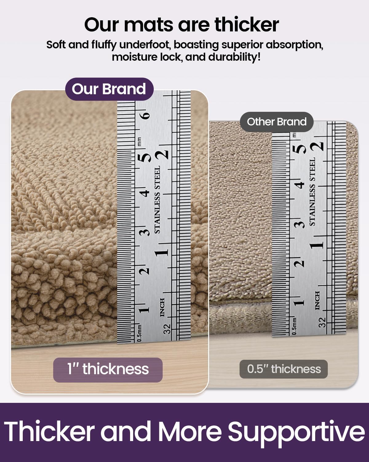 DEXI Memory Foam Bath Mat 32x20, Soft Absorbent Chenille Bathroom Rug, Non Slip Quick Dry Bath Mats for Bathroom, Thick Plush Floor Carpet for Tub Shower, Sink, Beige - Image 6