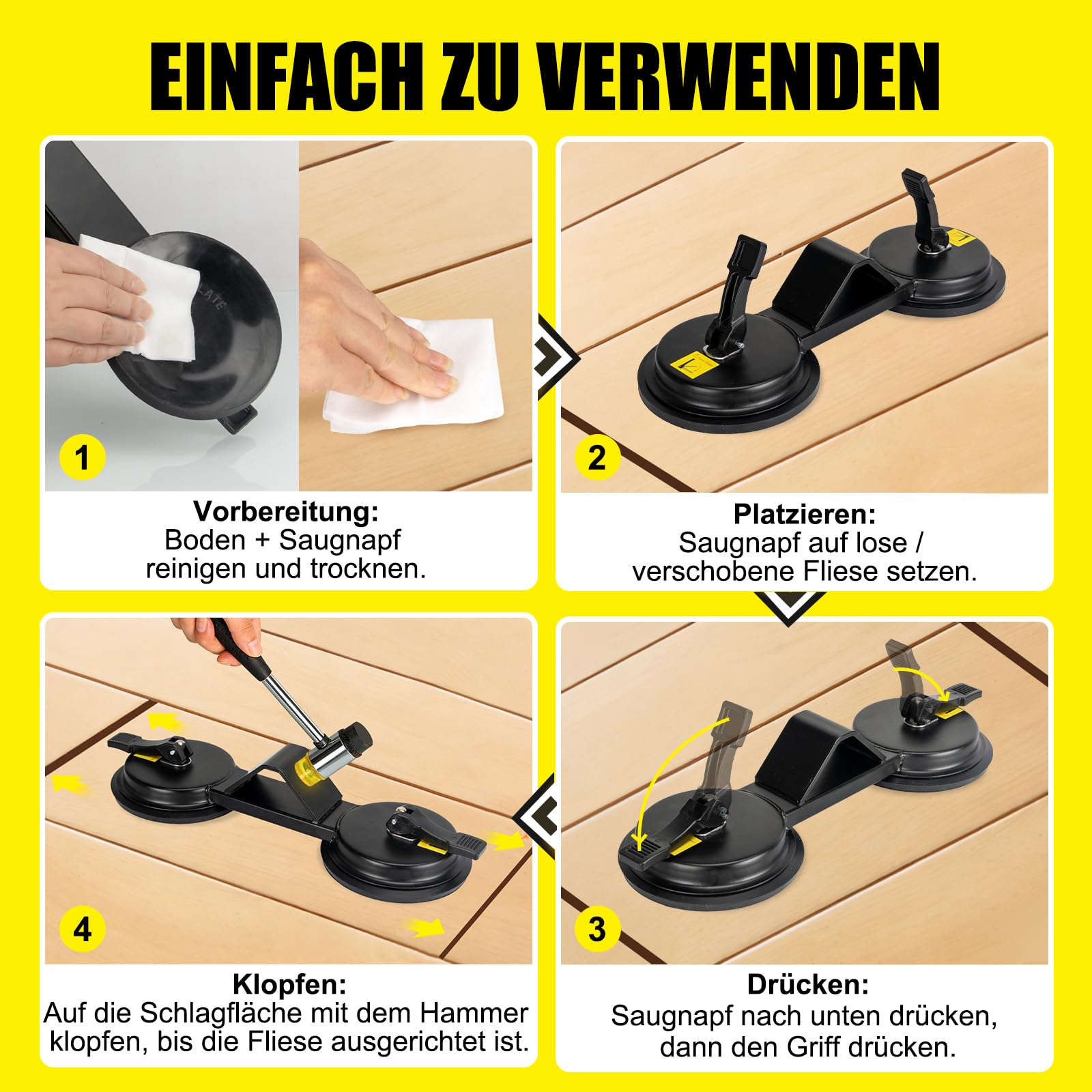 Laminat Saugnapf Bodenlücken Fixierer, schwerlastiger 45° Hammerfläche, mit zwei Saugnäpfen für doppelte Verstärkung, Plankengreifer aus Eisen – Reparatur Werkzeug für Laminat & Vinyl