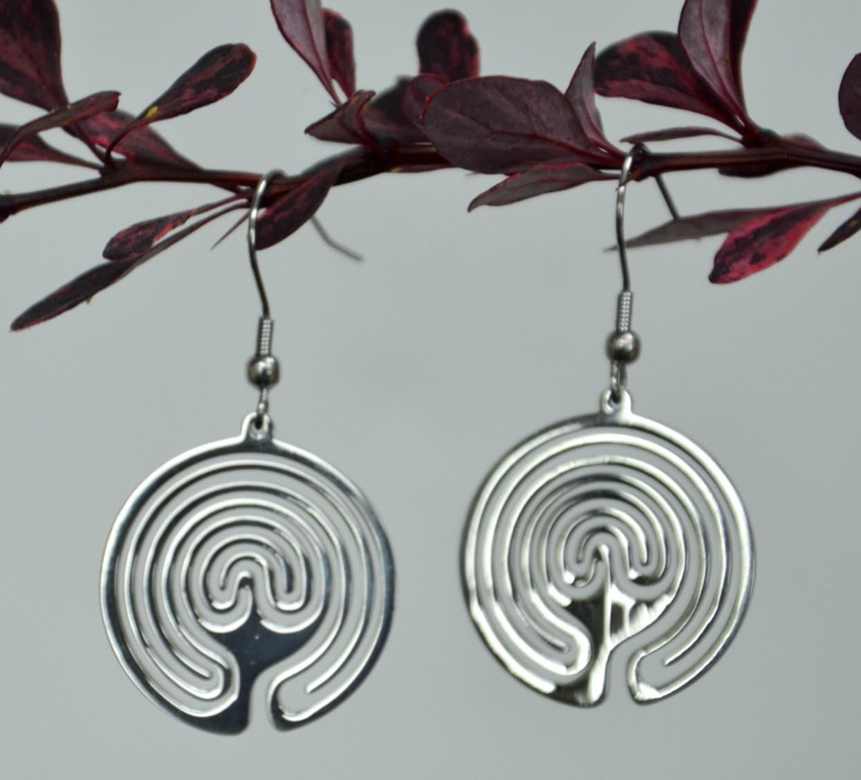 Silver Dangle Earrings with Designer Drop Finger Labyrinth Cut Out Pendant, Hypoallergenic Fish Hook for Women & Girls with Sensitive Ears, Bonus Rubber Backs + LabyrinthLady Coloring BookA Gift Idea