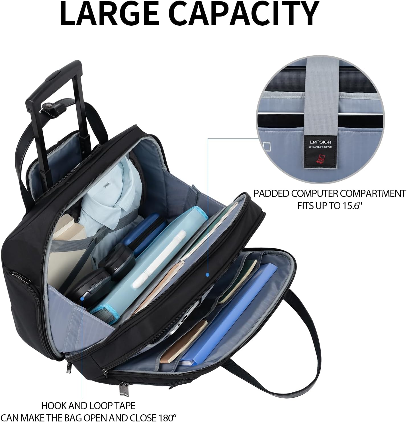 EMPSIGN Rolling Laptop Bag Women with Wheels, Briefcase for Women Fits Up to 15.6 Inch Laptop Briefcase on Wheels, Water-Repellent Overnight Rolling Computer Bag with RFID Pockets, Black