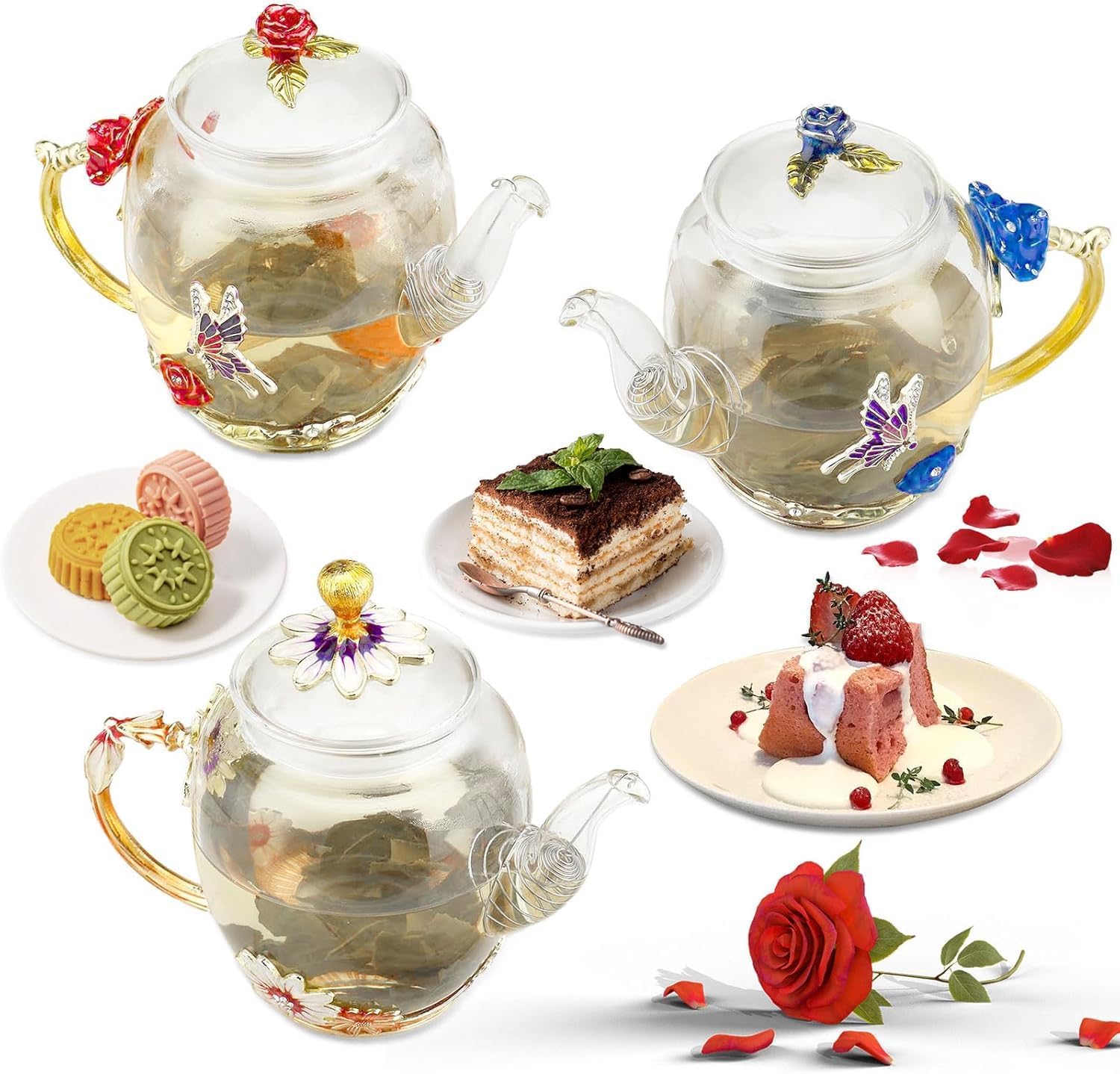 300ml Heat Resistant Glass Teapot with Golden Leaf Edge, Floral Pattern Ret
