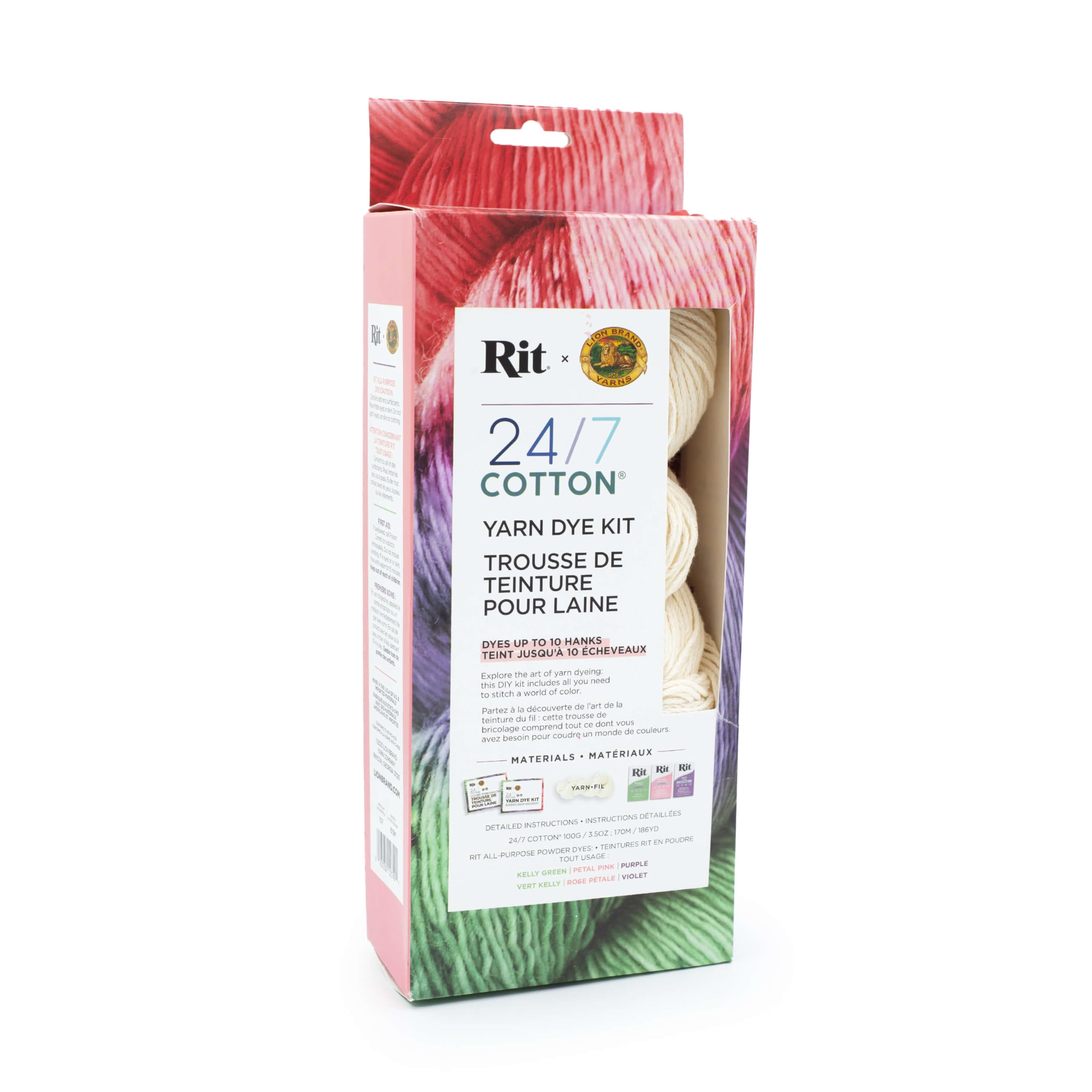 Rit® and Lion Brand® 24/7 Cotton® Yarn Dye Kit, Petal Pink/Purple/Kelly Green