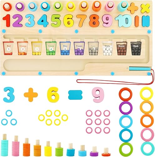 WOOD CITY Laberinto magnético de color y números, tablero de juego de rompecabezas magnético Montessori 3 en 1 para niños pequeños, juguetes de