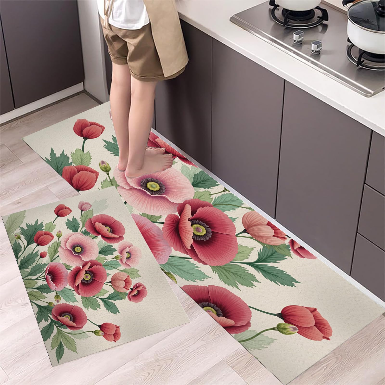 Alfombras para cocina antifatiga y felpudos lavables de estilo rústico en rojo coral