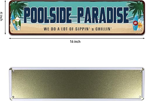 Miniatura 2 de Poolside Paradise - Letrero de metal de aspecto rústico para piscina al aire libre, bañera de hidromasaje, Tiki para patio trasero, regalo de 4 x 16