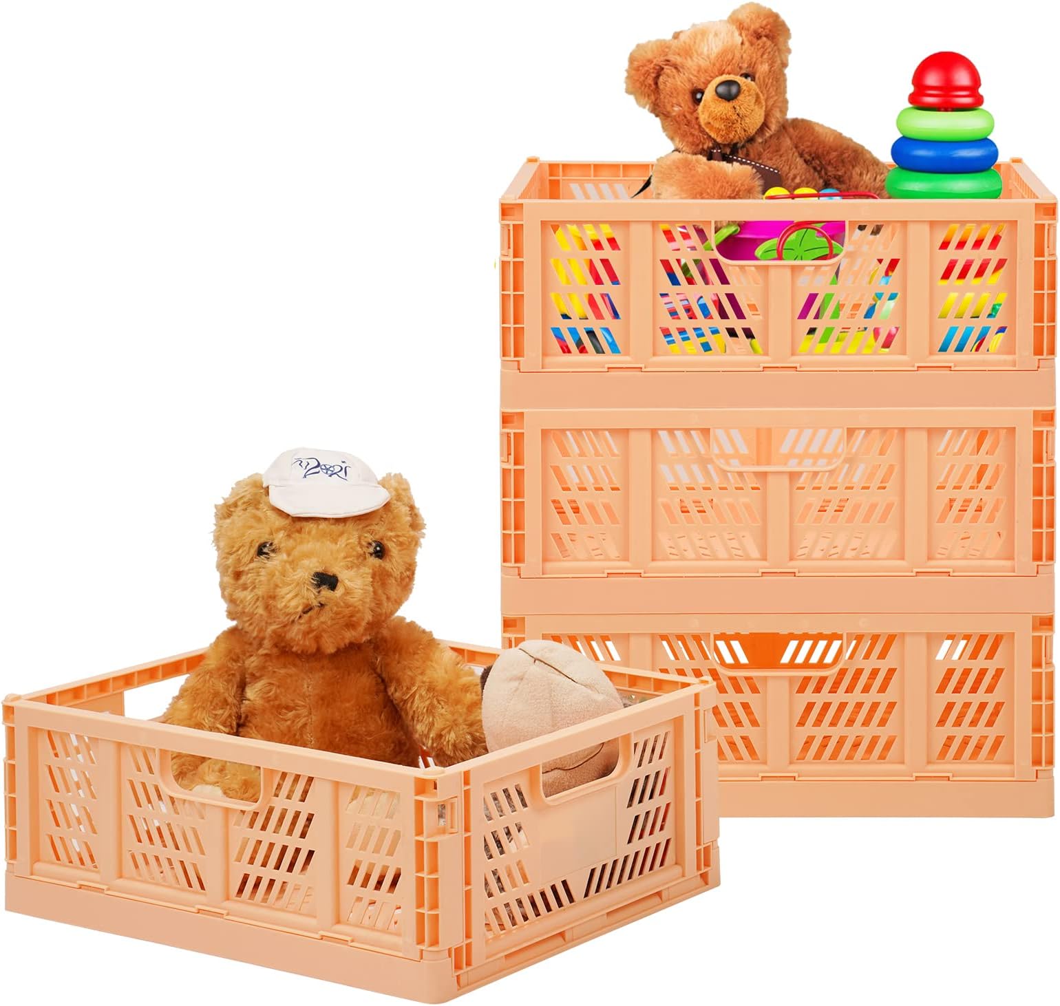 TuevobTuevob Plastic Storage Baskets 4 Pack Folding Storage Box Crate Drawer Organizer Stackable Desk Shelf Collapsible Closet Container Food Fruit Bottle Book Toy Organiser Home Office Kitchen Holder Pink