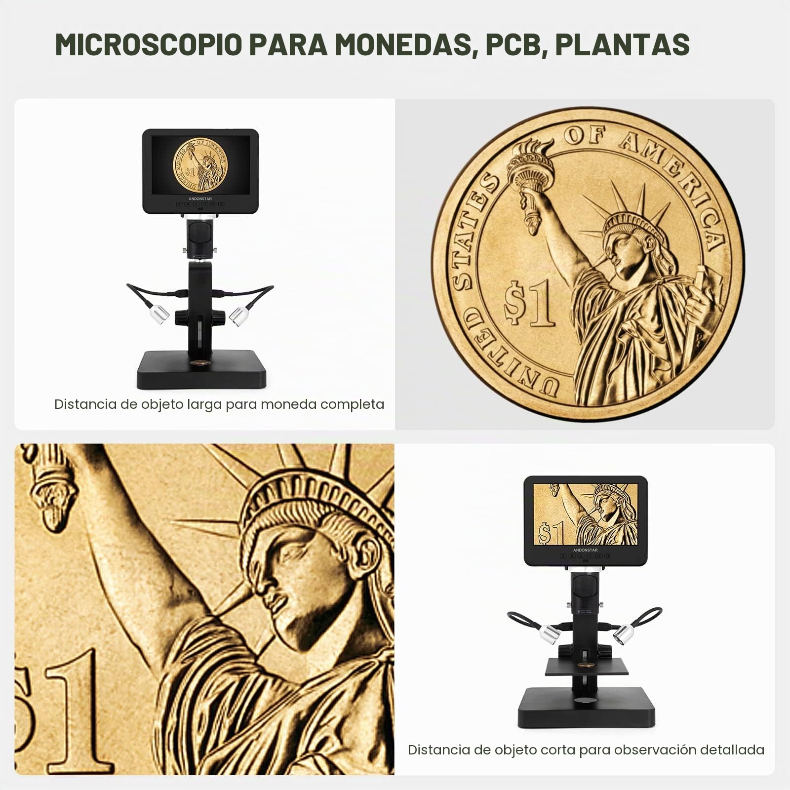 Andonstar AD246S Microscopio Digital HDMI con Pantalla de 7 Pulgadas, microscopio biológico de Tres Lentes 4000X, Kit de microscopio de Monedas para niños y Adultos, grabación de Foto/Video