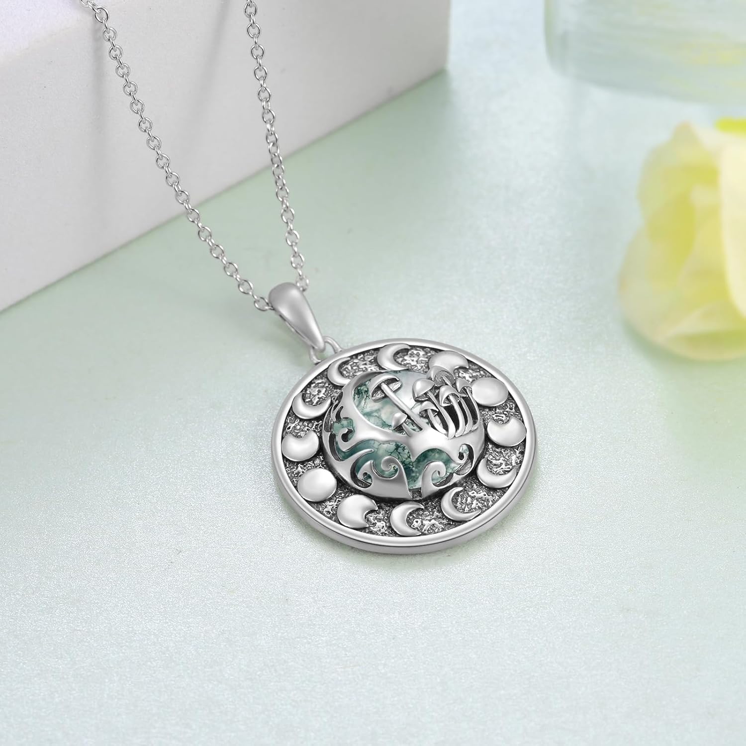 Mushroom Necklace Sterling Silver Mushroom Moonstone/Moss Agate Pendant Necklace Moon Phase Jewelry Gift for Women - Image 6
