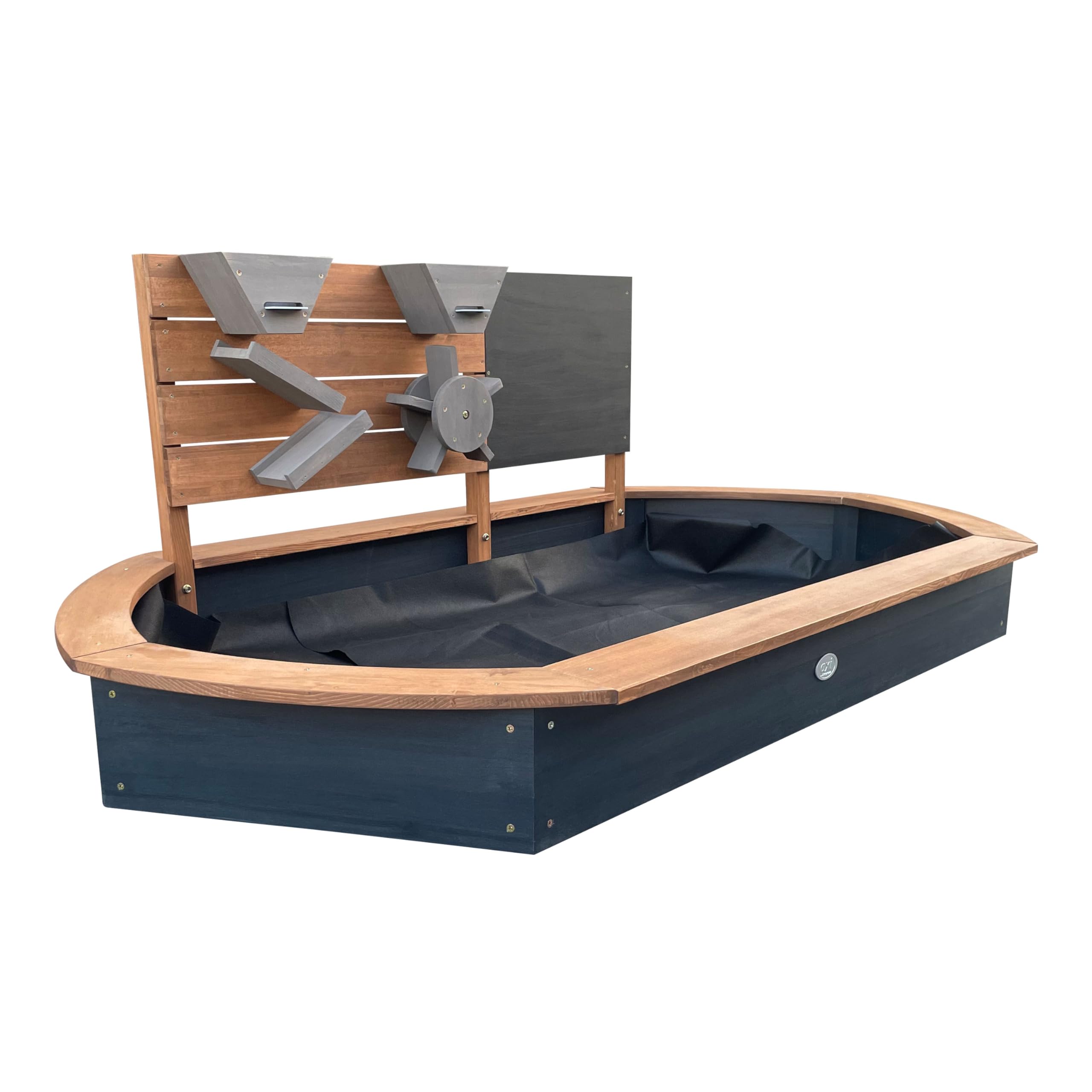 AXI Joey Sabbiera ovale in legno - Marrone/Antracite | Sabbiera con parete giochi e lavagna | Con telo di fondo e copertura protettiva | 158 x 91 x 57 cm