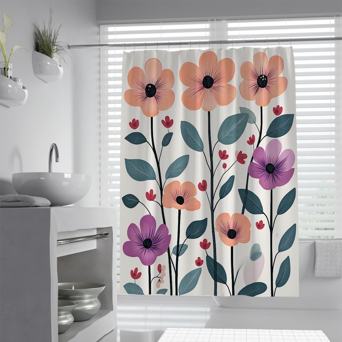 UIRINGART Peach Purple Shower Curtain W200xL220cm Large Flower Print Water Resistant Mildew Proof Quick Dry Machine Washable Bathroom Decor with Hooks